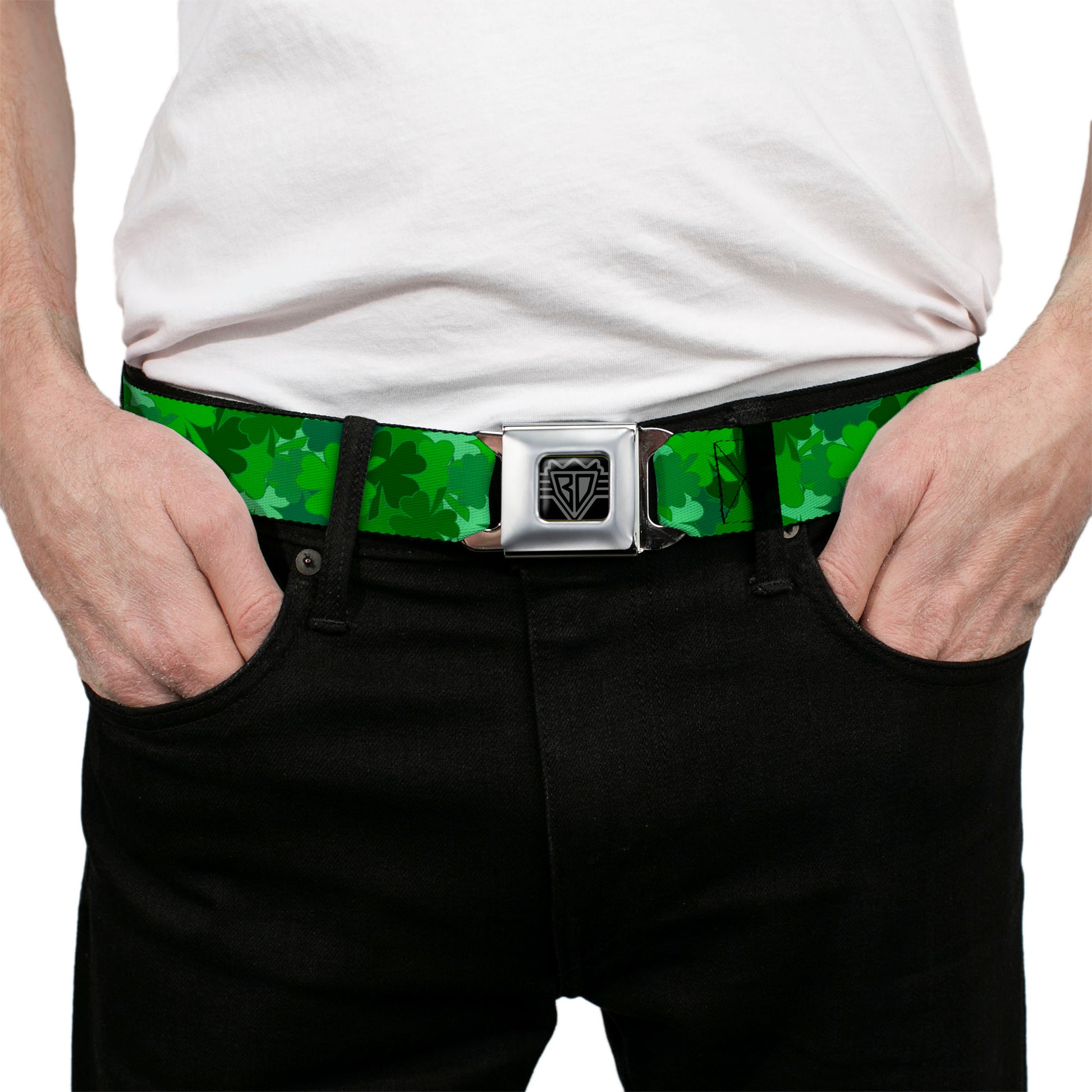 BD Wings Logo CLOSE-UP Full Color Black Silver Seatbelt Belt - St. Pat's Stacked Shamrocks Greens Webbing Seatbelt Belts Buckle-Down