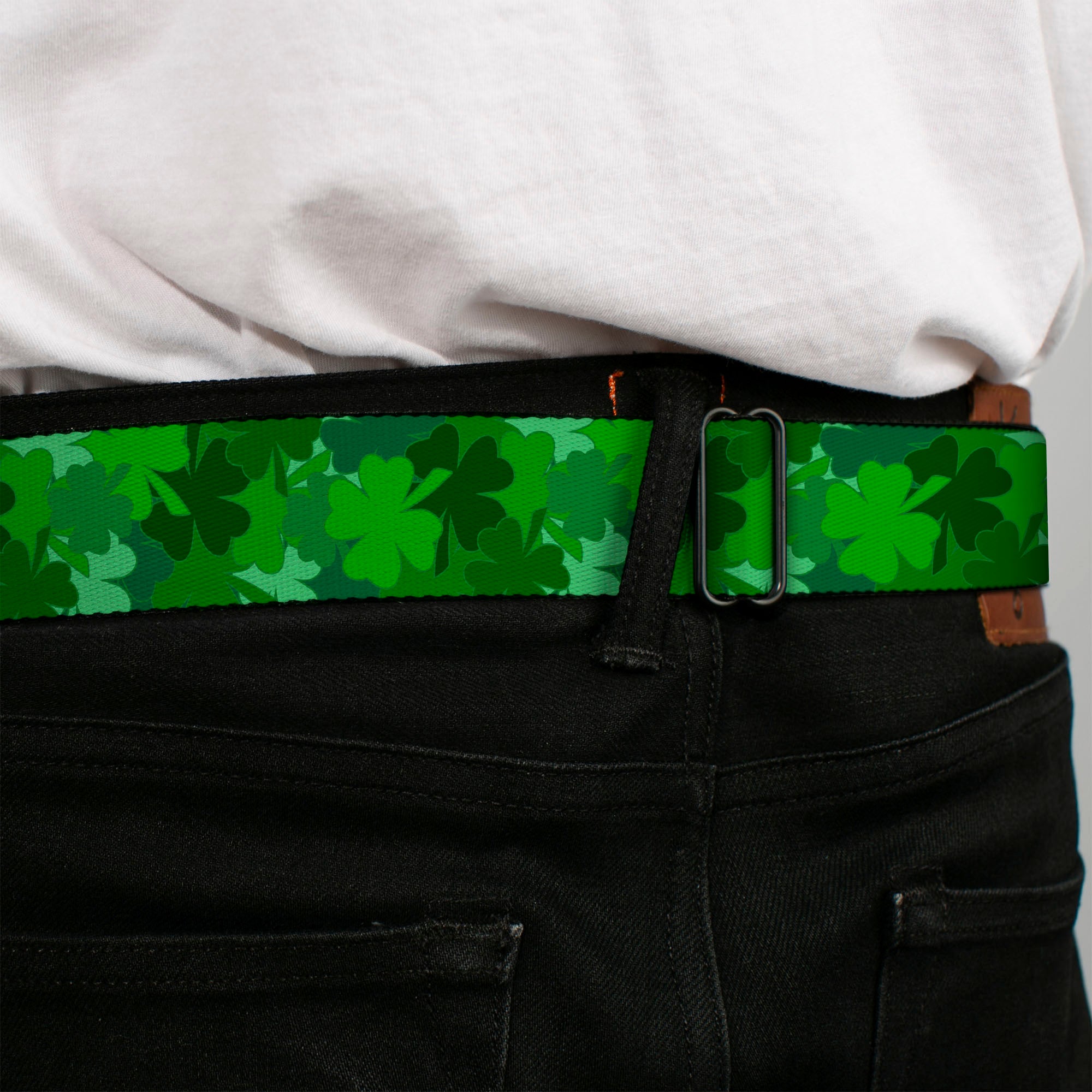 BD Wings Logo CLOSE-UP Full Color Black Silver Seatbelt Belt - St. Pat's Stacked Shamrocks Greens Webbing Seatbelt Belts Buckle-Down