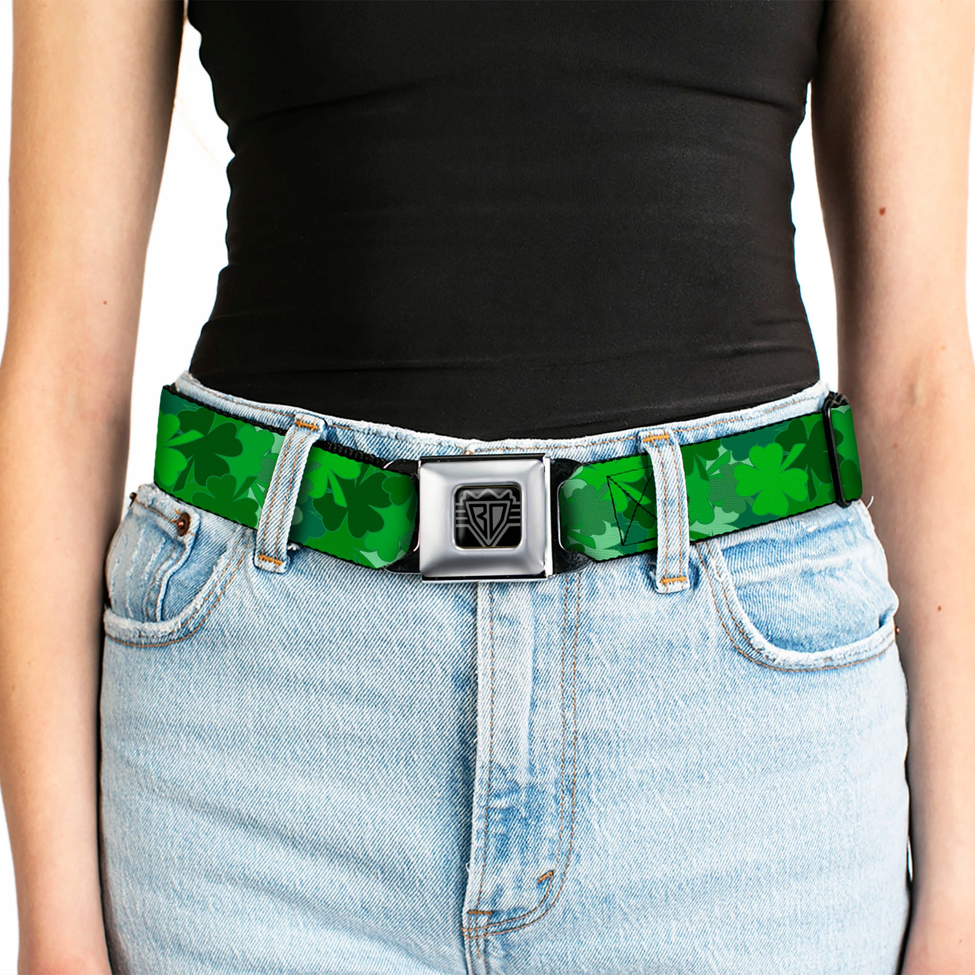 BD Wings Logo CLOSE-UP Full Color Black Silver Seatbelt Belt - St. Pat's Stacked Shamrocks Greens Webbing Seatbelt Belts Buckle-Down