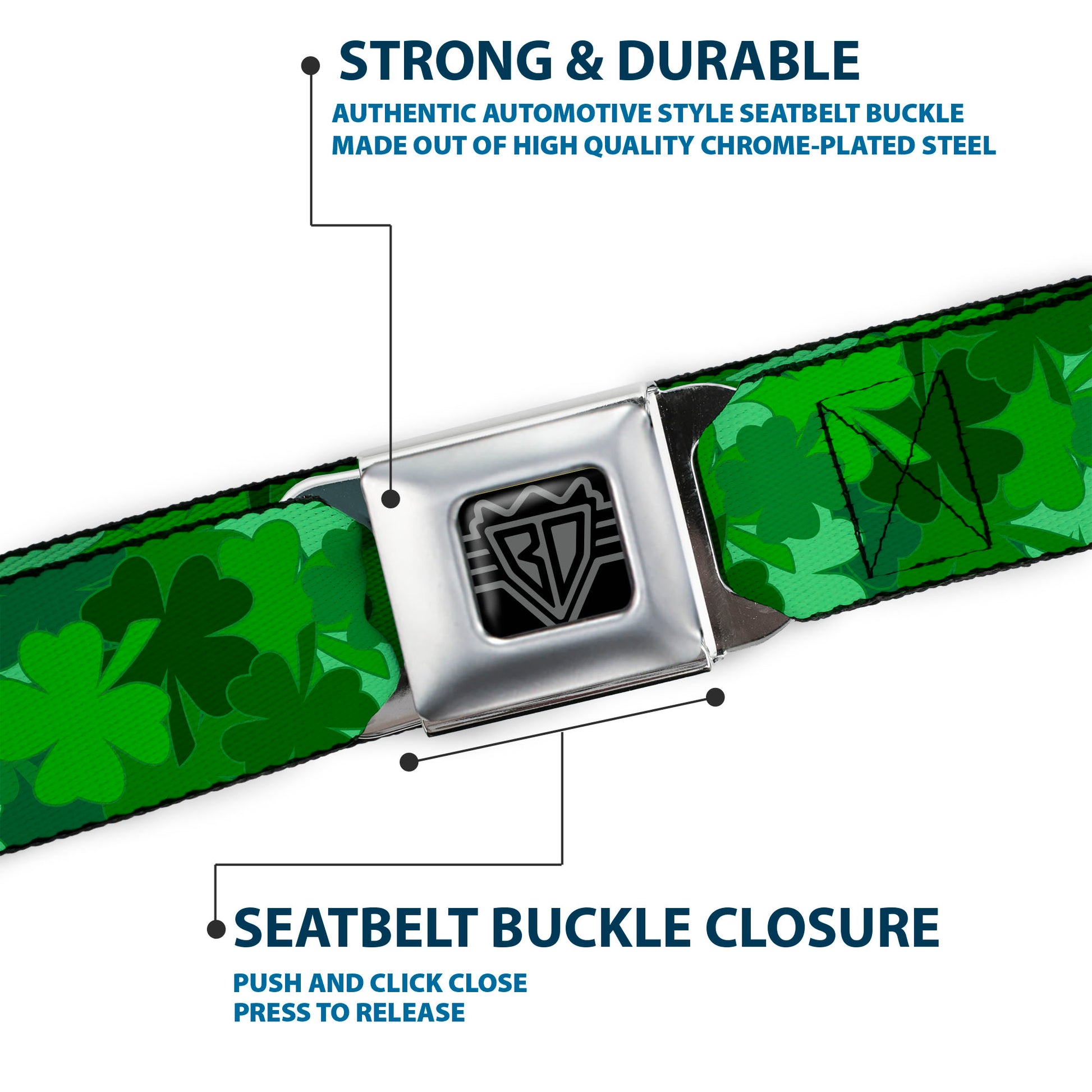 BD Wings Logo CLOSE-UP Full Color Black Silver Seatbelt Belt - St. Pat's Stacked Shamrocks Greens Webbing Seatbelt Belts Buckle-Down