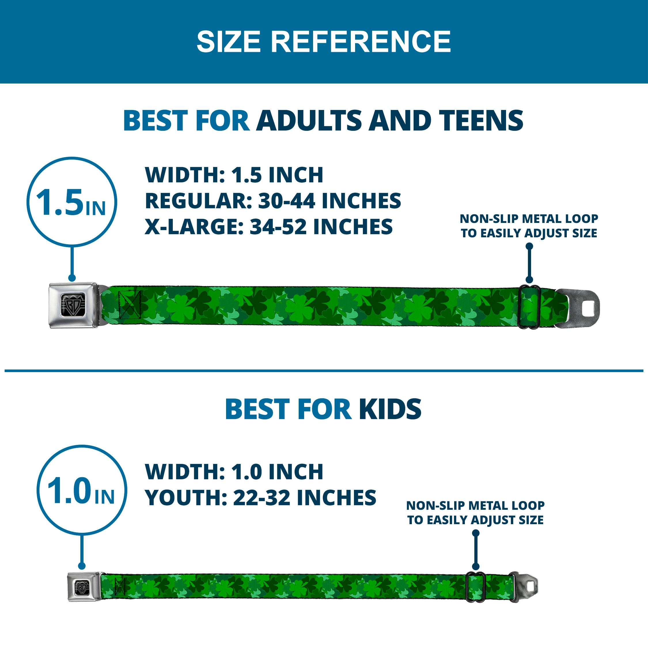 BD Wings Logo CLOSE-UP Full Color Black Silver Seatbelt Belt - St. Pat's Stacked Shamrocks Greens Webbing Seatbelt Belts Buckle-Down