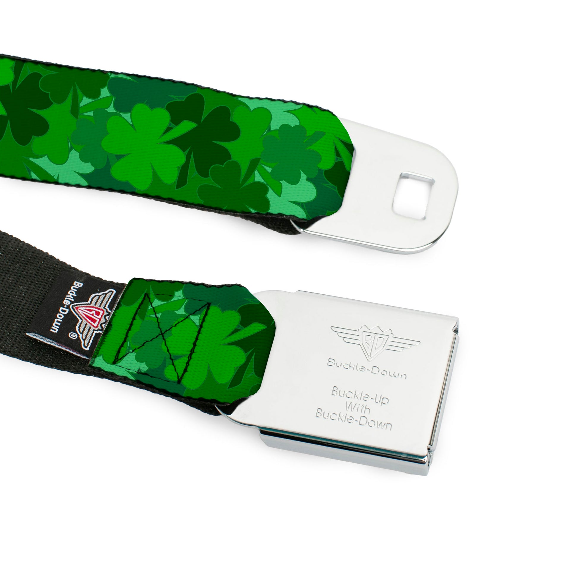 BD Wings Logo CLOSE-UP Full Color Black Silver Seatbelt Belt - St. Pat's Stacked Shamrocks Greens Webbing Seatbelt Belts Buckle-Down