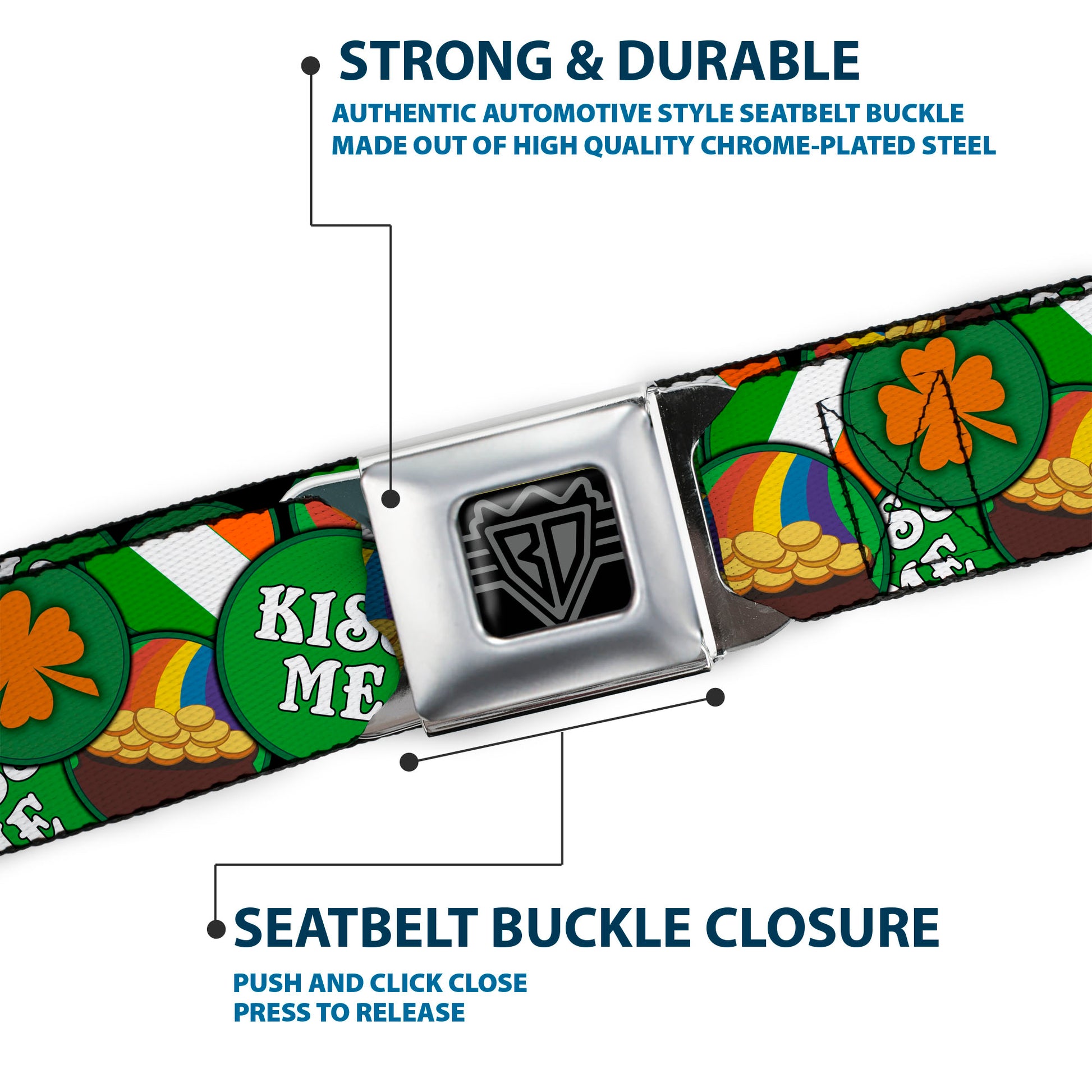 BD Wings Logo CLOSE-UP Full Color Black Silver Seatbelt Belt - St. Pat's 4-Buttons Stacked Webbing Seatbelt Belts Buckle-Down