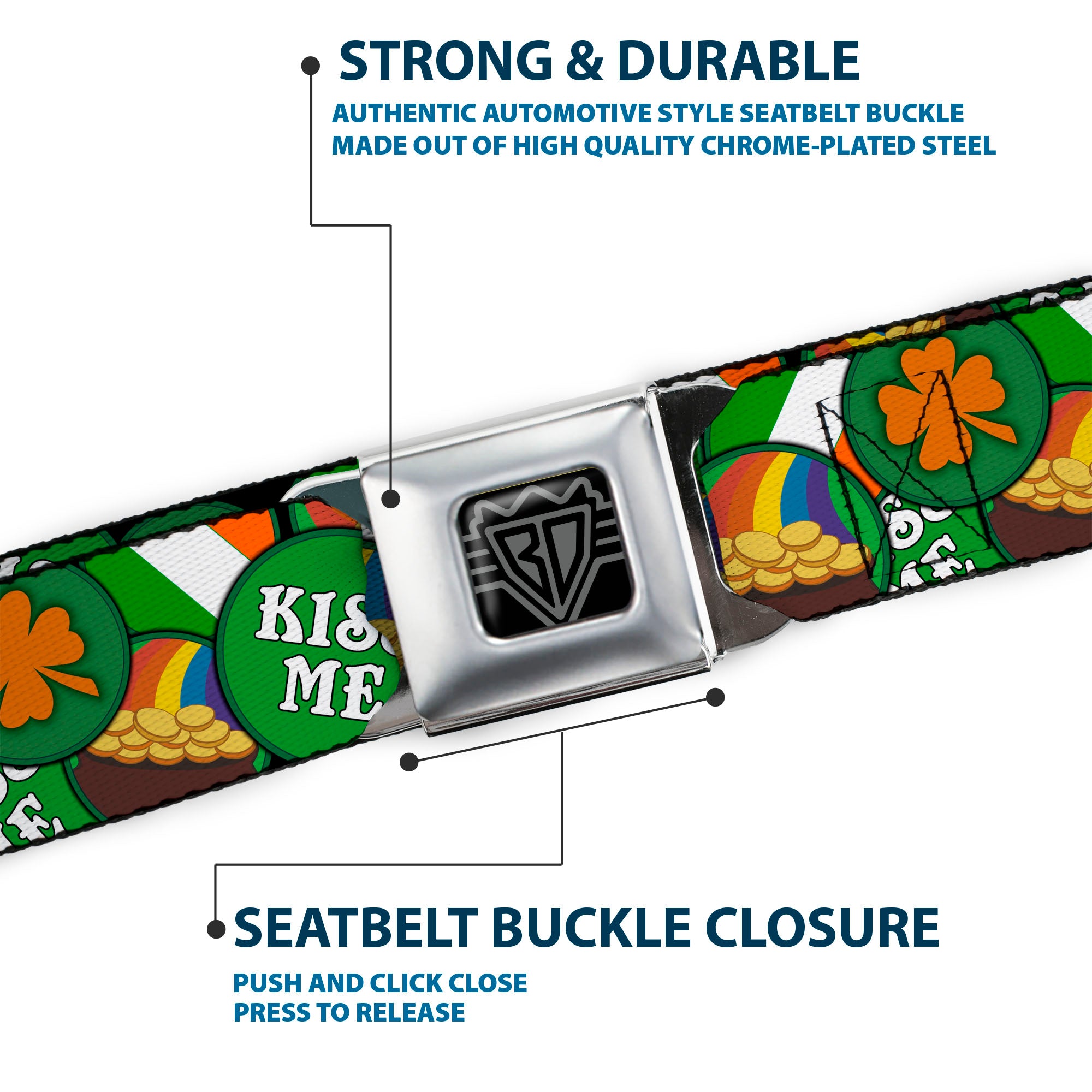 BD Wings Logo CLOSE-UP Full Color Black Silver Seatbelt Belt - St. Pat's 4-Buttons Stacked Webbing Seatbelt Belts Buckle-Down