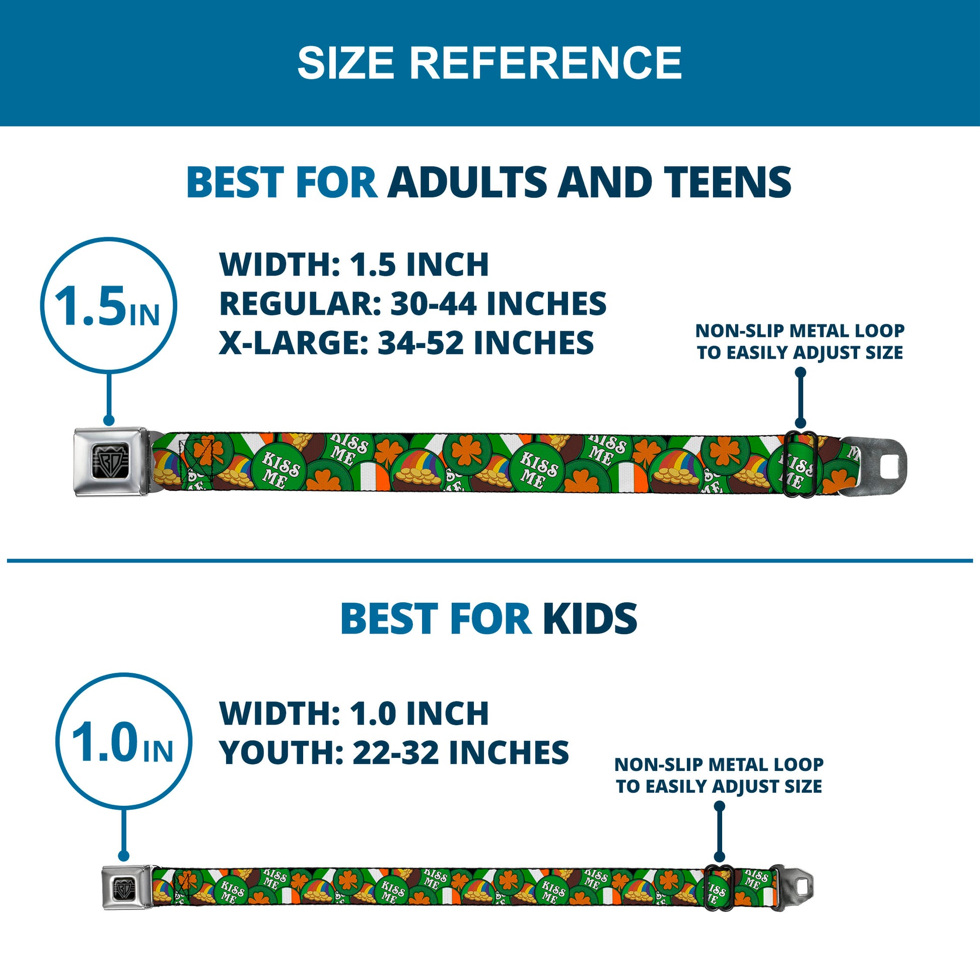 BD Wings Logo CLOSE-UP Full Color Black Silver Seatbelt Belt - St. Pat's 4-Buttons Stacked Webbing Seatbelt Belts Buckle-Down