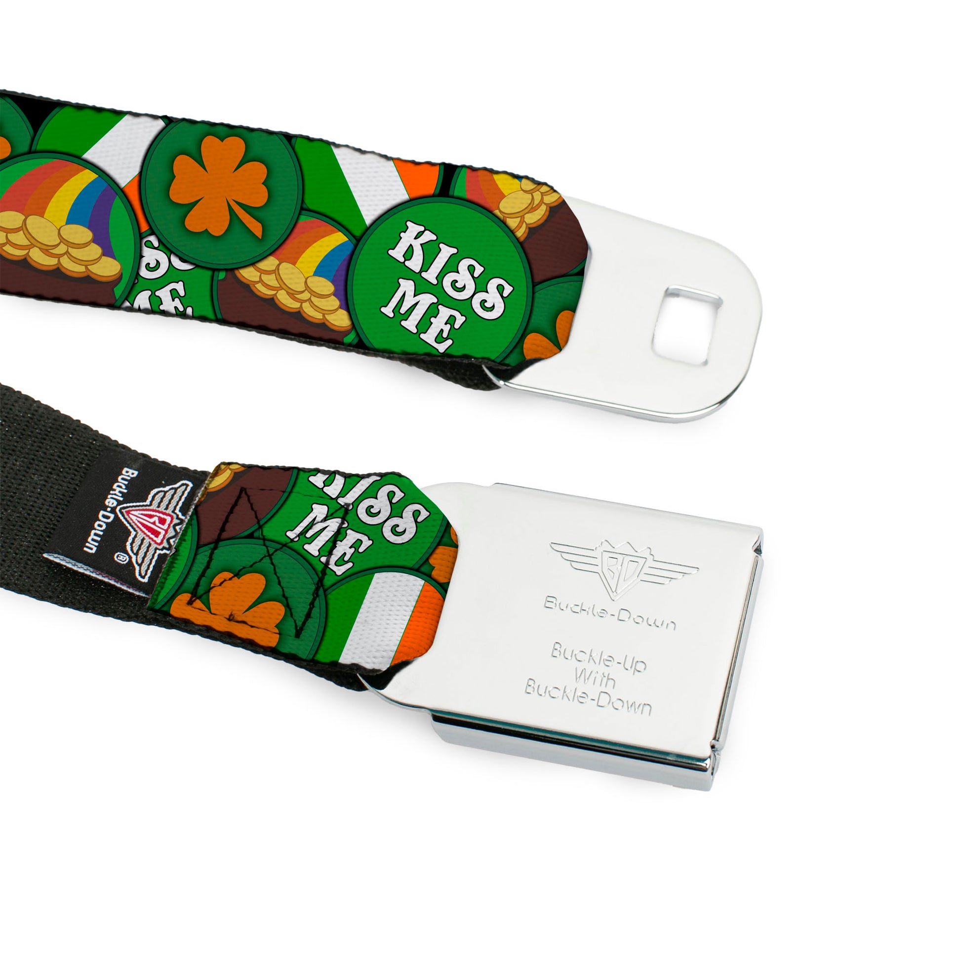 BD Wings Logo CLOSE-UP Full Color Black Silver Seatbelt Belt - St. Pat's 4-Buttons Stacked Webbing Seatbelt Belts Buckle-Down