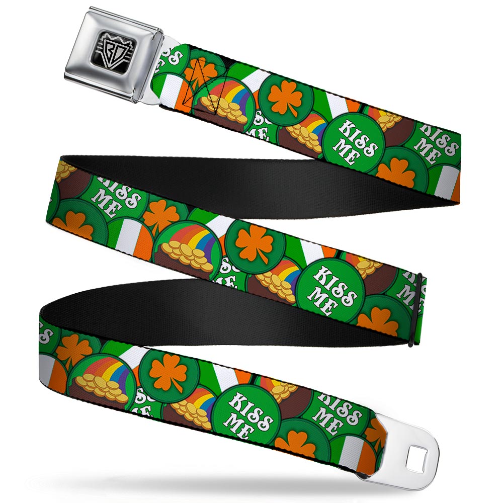BD Wings Logo CLOSE-UP Full Color Black Silver Seatbelt Belt - St. Pat's 4-Buttons Stacked Webbing Seatbelt Belts Buckle-Down