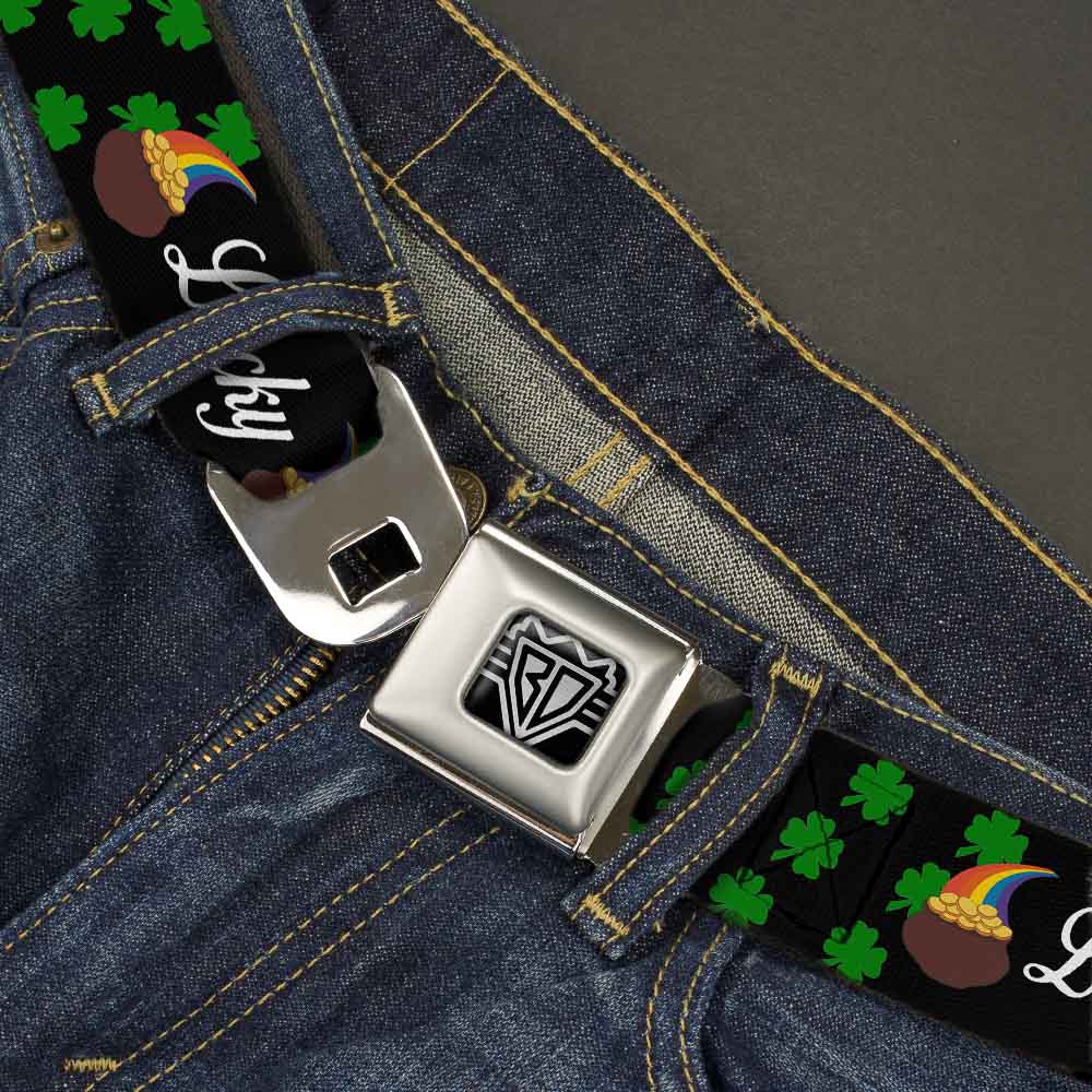 BD Wings Logo CLOSE-UP Full Color Black Silver Seatbelt Belt - St. Pat's LUCKY Pot of Gold/Shamrocks Scattered Black/Green/White Webbing Seatbelt Belts Buckle-Down
