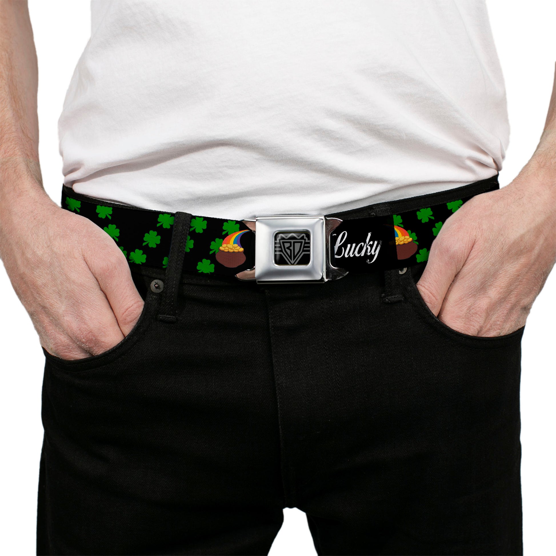 BD Wings Logo CLOSE-UP Full Color Black Silver Seatbelt Belt - St. Pat's LUCKY Pot of Gold/Shamrocks Scattered Black/Green/White Webbing Seatbelt Belts Buckle-Down
