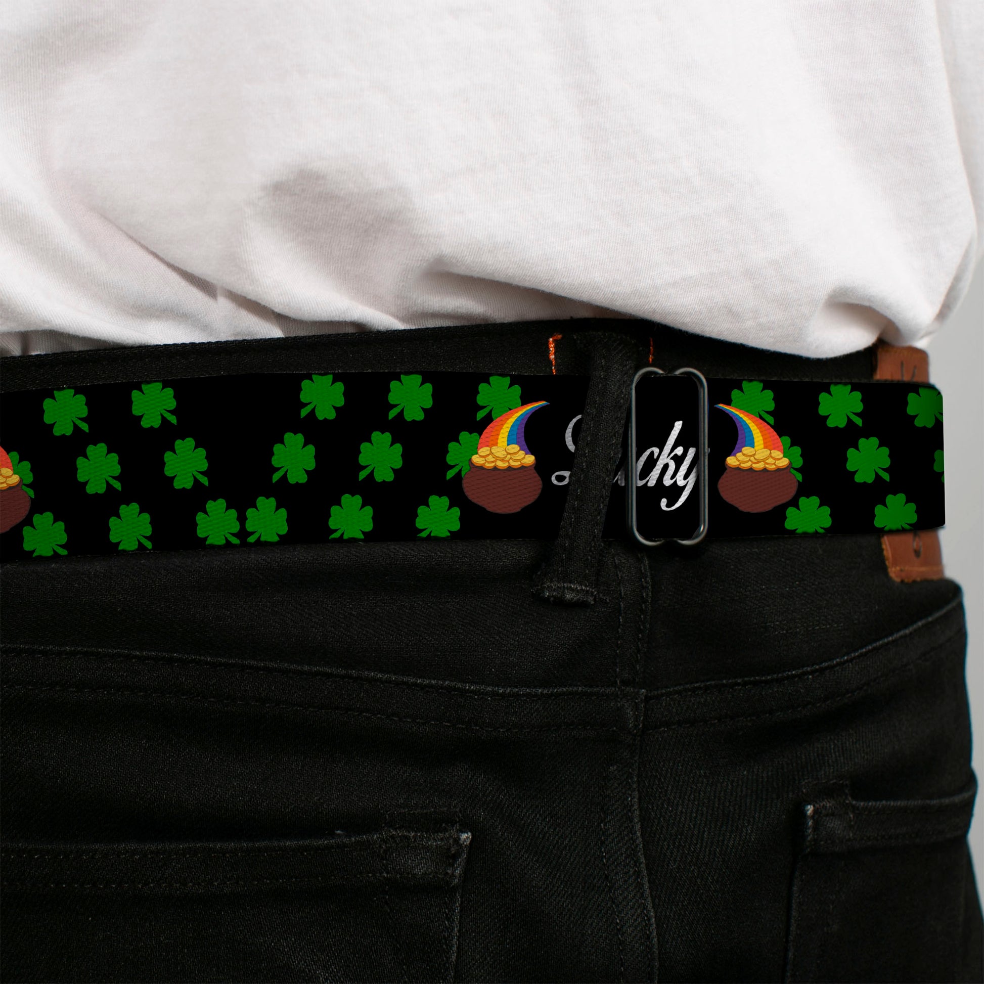 BD Wings Logo CLOSE-UP Full Color Black Silver Seatbelt Belt - St. Pat's LUCKY Pot of Gold/Shamrocks Scattered Black/Green/White Webbing Seatbelt Belts Buckle-Down