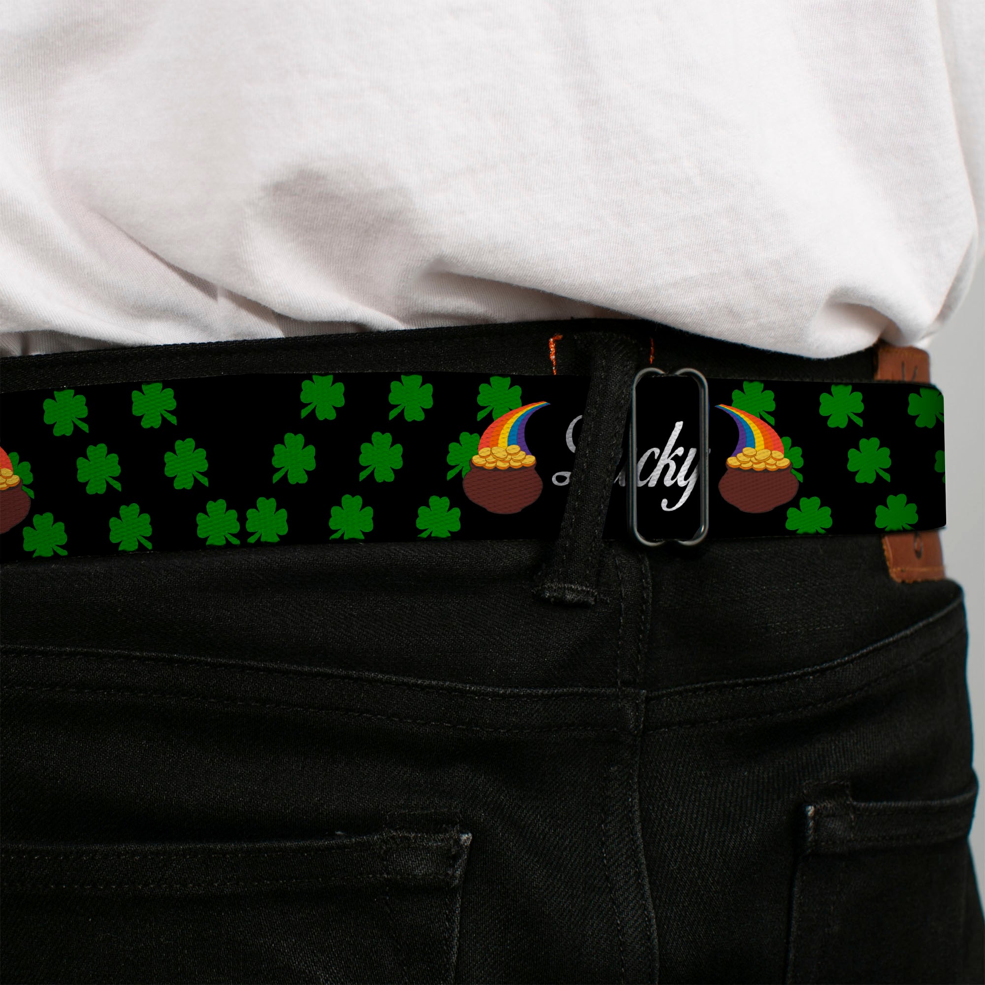 BD Wings Logo CLOSE-UP Full Color Black Silver Seatbelt Belt - St. Pat's LUCKY Pot of Gold/Shamrocks Scattered Black/Green/White Webbing Seatbelt Belts Buckle-Down