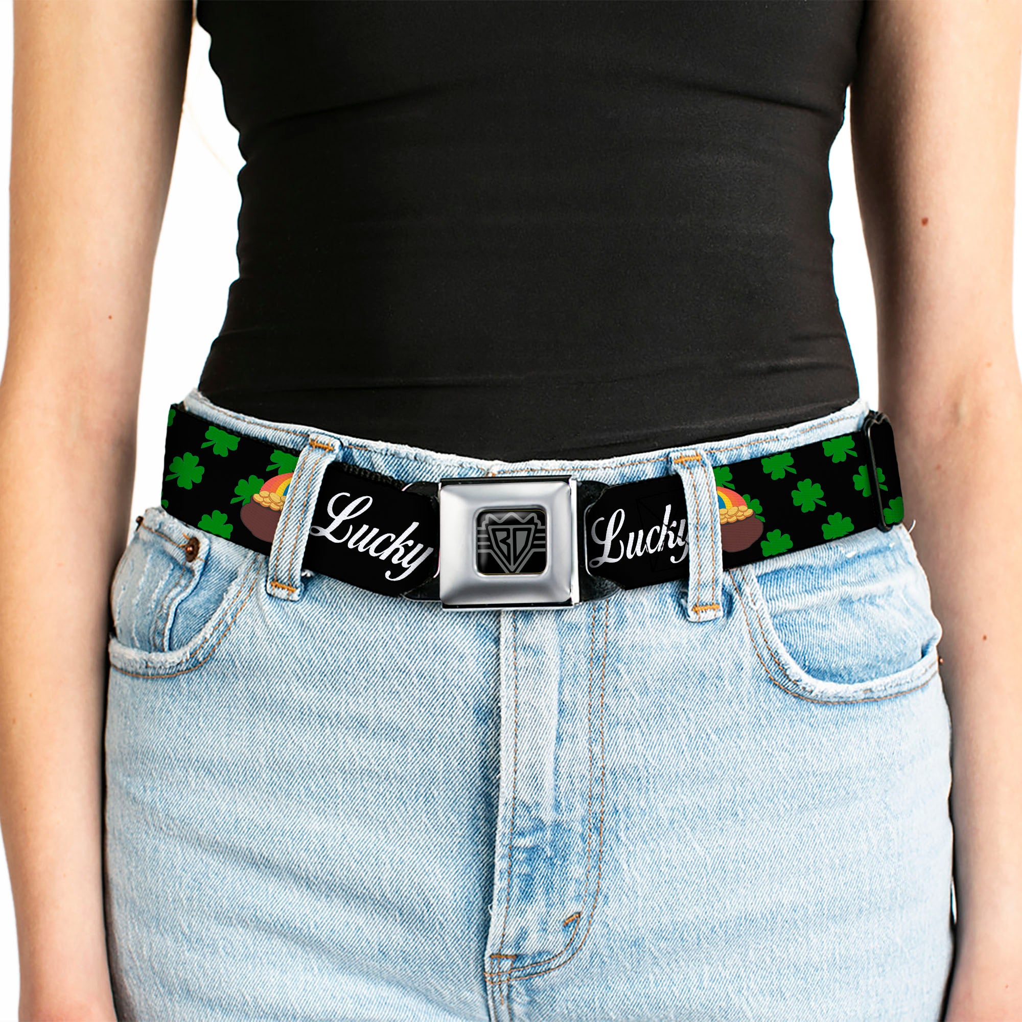 BD Wings Logo CLOSE-UP Full Color Black Silver Seatbelt Belt - St. Pat's LUCKY Pot of Gold/Shamrocks Scattered Black/Green/White Webbing Seatbelt Belts Buckle-Down