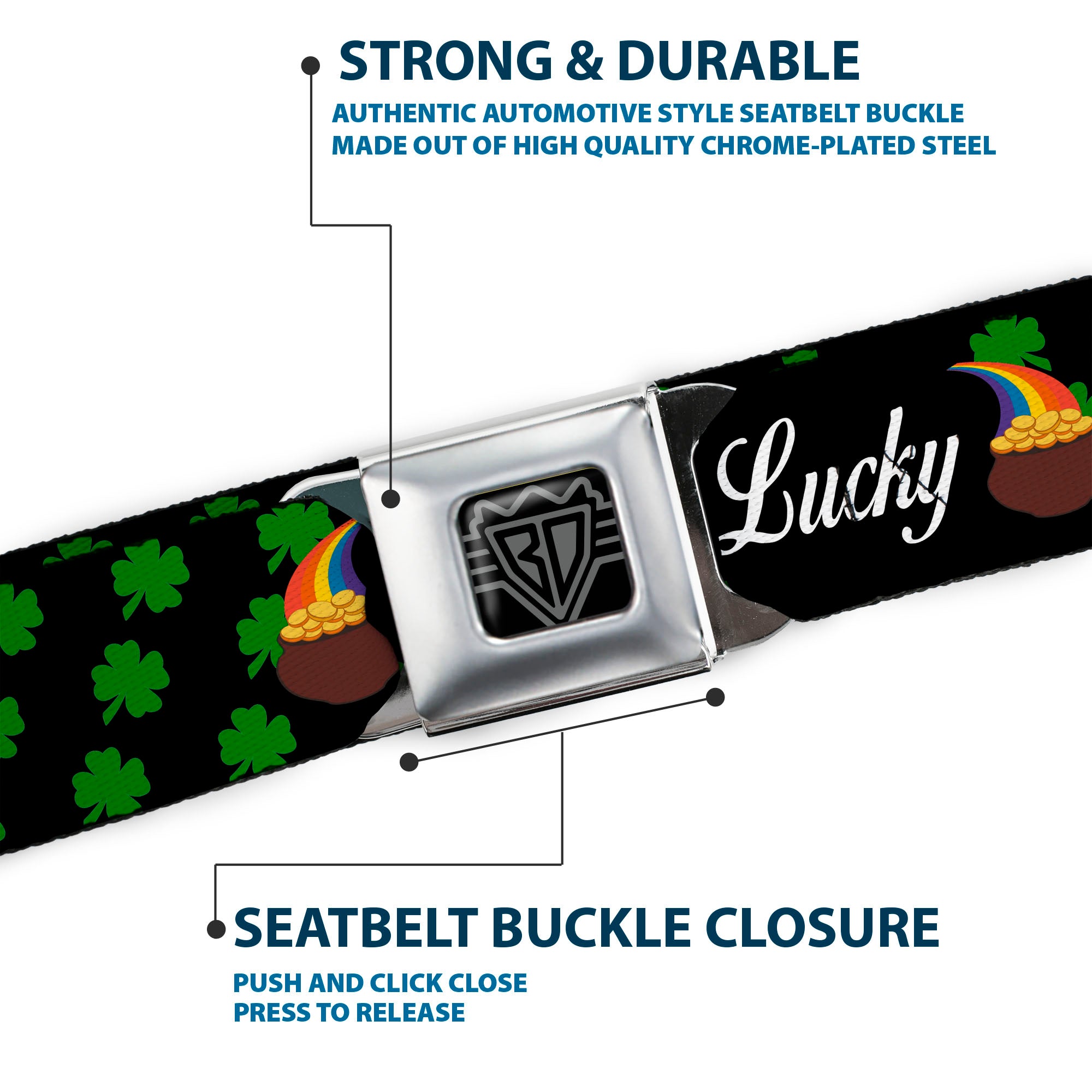 BD Wings Logo CLOSE-UP Full Color Black Silver Seatbelt Belt - St. Pat's LUCKY Pot of Gold/Shamrocks Scattered Black/Green/White Webbing Seatbelt Belts Buckle-Down