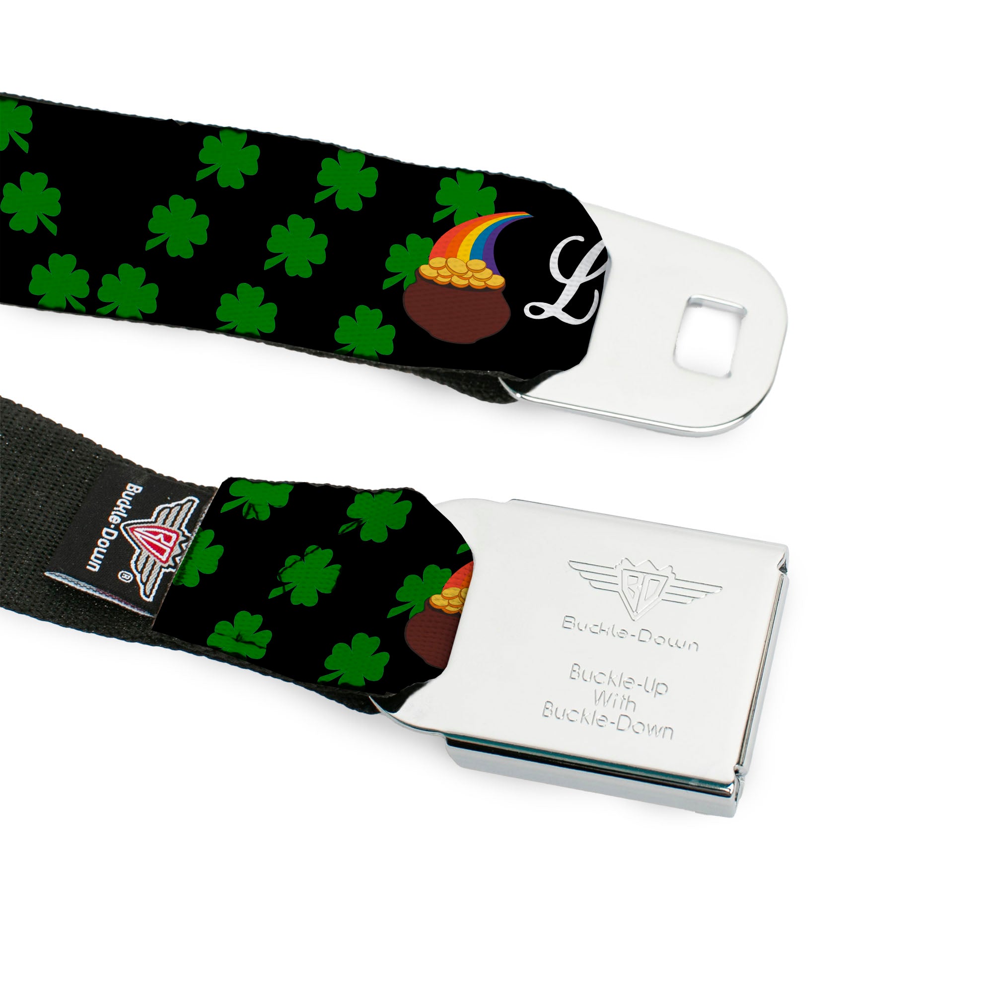 BD Wings Logo CLOSE-UP Full Color Black Silver Seatbelt Belt - St. Pat's LUCKY Pot of Gold/Shamrocks Scattered Black/Green/White Webbing Seatbelt Belts Buckle-Down