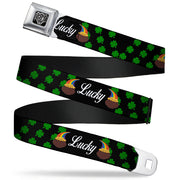 BD Wings Logo CLOSE-UP Full Color Black Silver Seatbelt Belt - St. Pat's LUCKY Pot of Gold/Shamrocks Scattered Black/Green/White Webbing Seatbelt Belts Buckle-Down