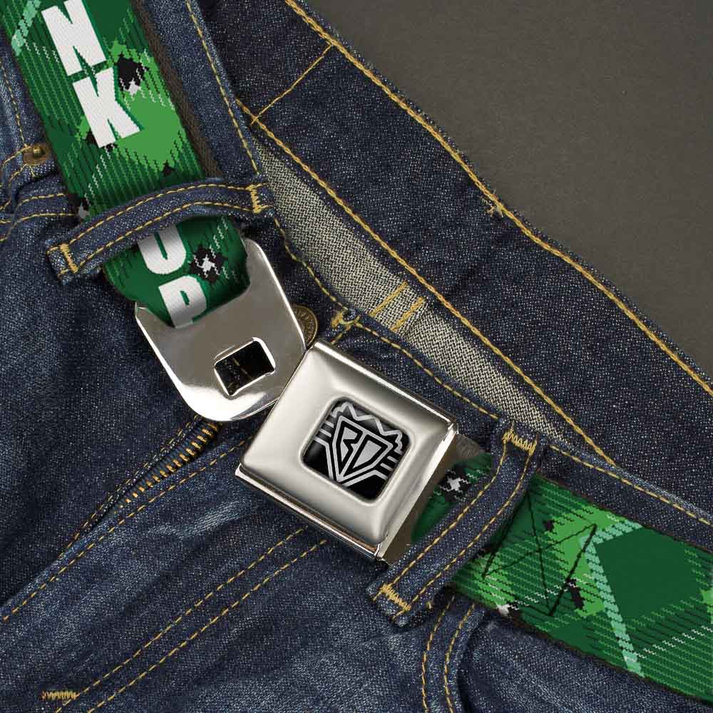 BD Wings Logo CLOSE-UP Full Color Black Silver Seatbelt Belt - St. Pat's DRINK UP BITCHES/Beer Mugs/Stacked Shamrocks Greens/White/Gold Webbing Seatbelt Belts Buckle-Down