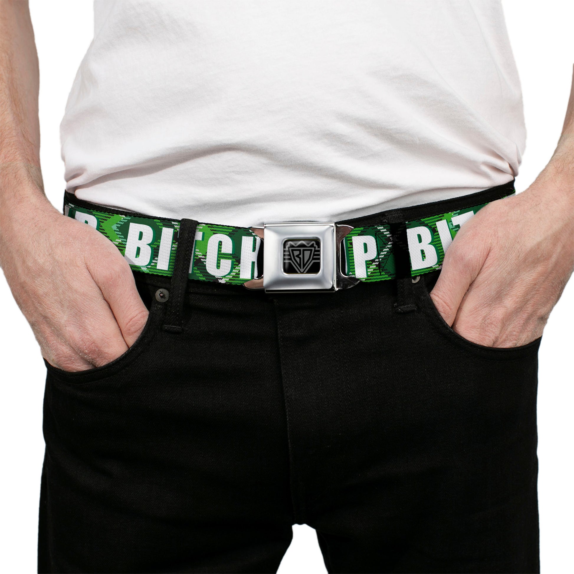 BD Wings Logo CLOSE-UP Full Color Black Silver Seatbelt Belt - St. Pat's DRINK UP BITCHES/Beer Mugs/Stacked Shamrocks Greens/White/Gold Webbing Seatbelt Belts Buckle-Down
