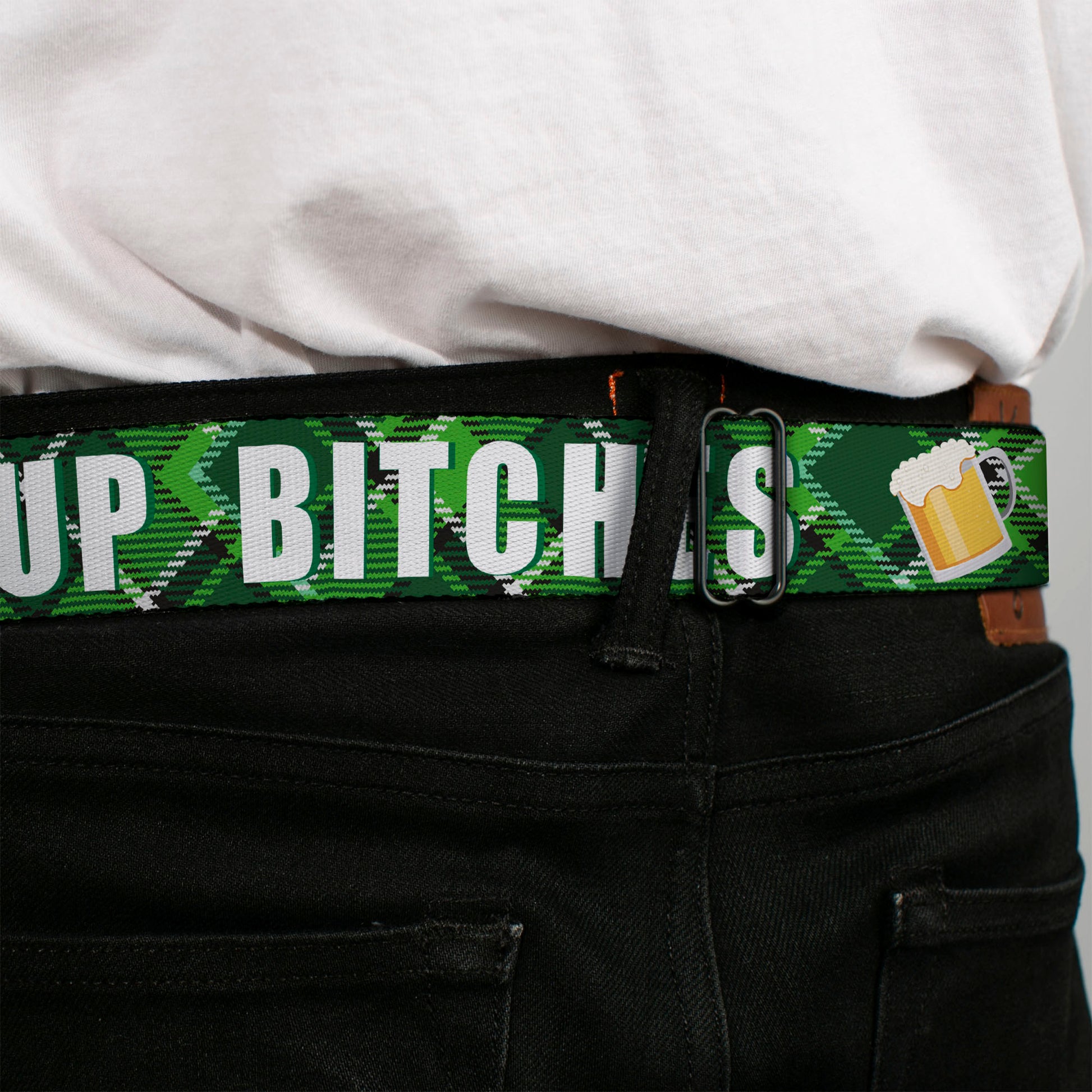 BD Wings Logo CLOSE-UP Full Color Black Silver Seatbelt Belt - St. Pat's DRINK UP BITCHES/Beer Mugs/Stacked Shamrocks Greens/White/Gold Webbing Seatbelt Belts Buckle-Down