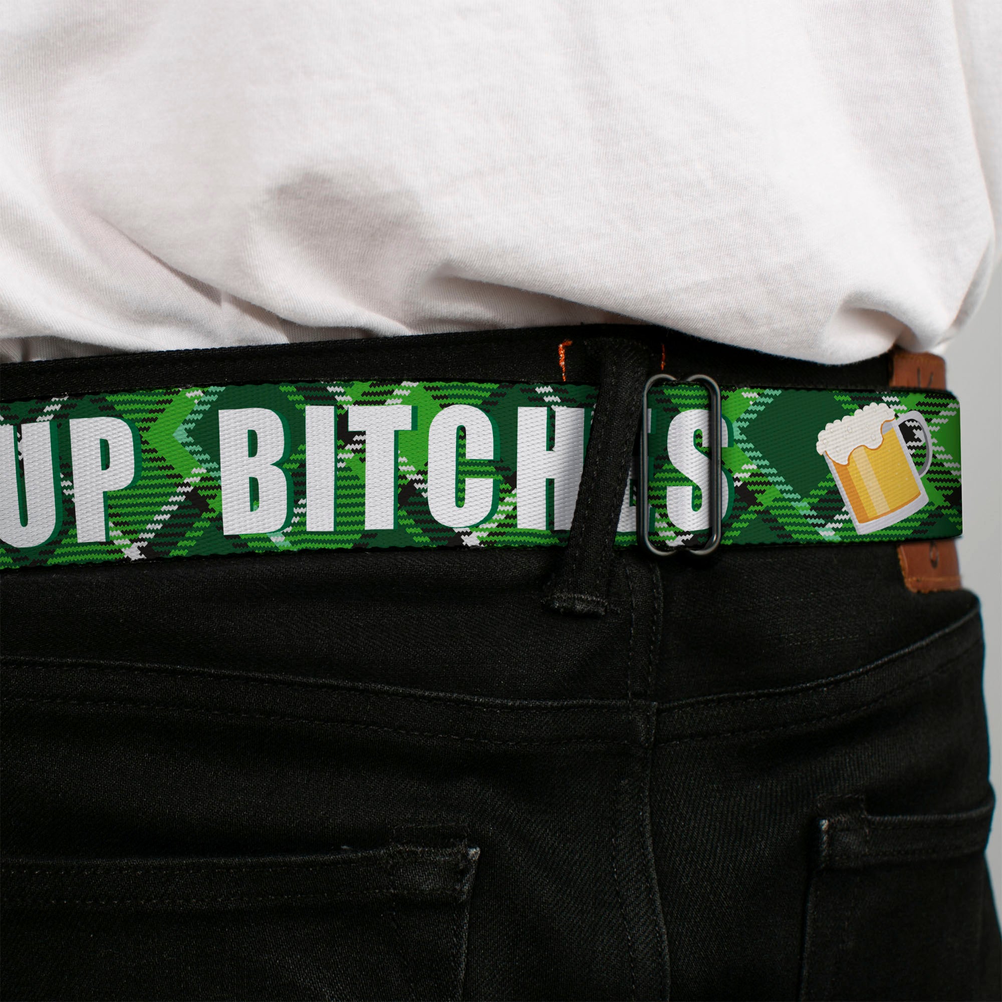 BD Wings Logo CLOSE-UP Full Color Black Silver Seatbelt Belt - St. Pat's DRINK UP BITCHES/Beer Mugs/Stacked Shamrocks Greens/White/Gold Webbing Seatbelt Belts Buckle-Down