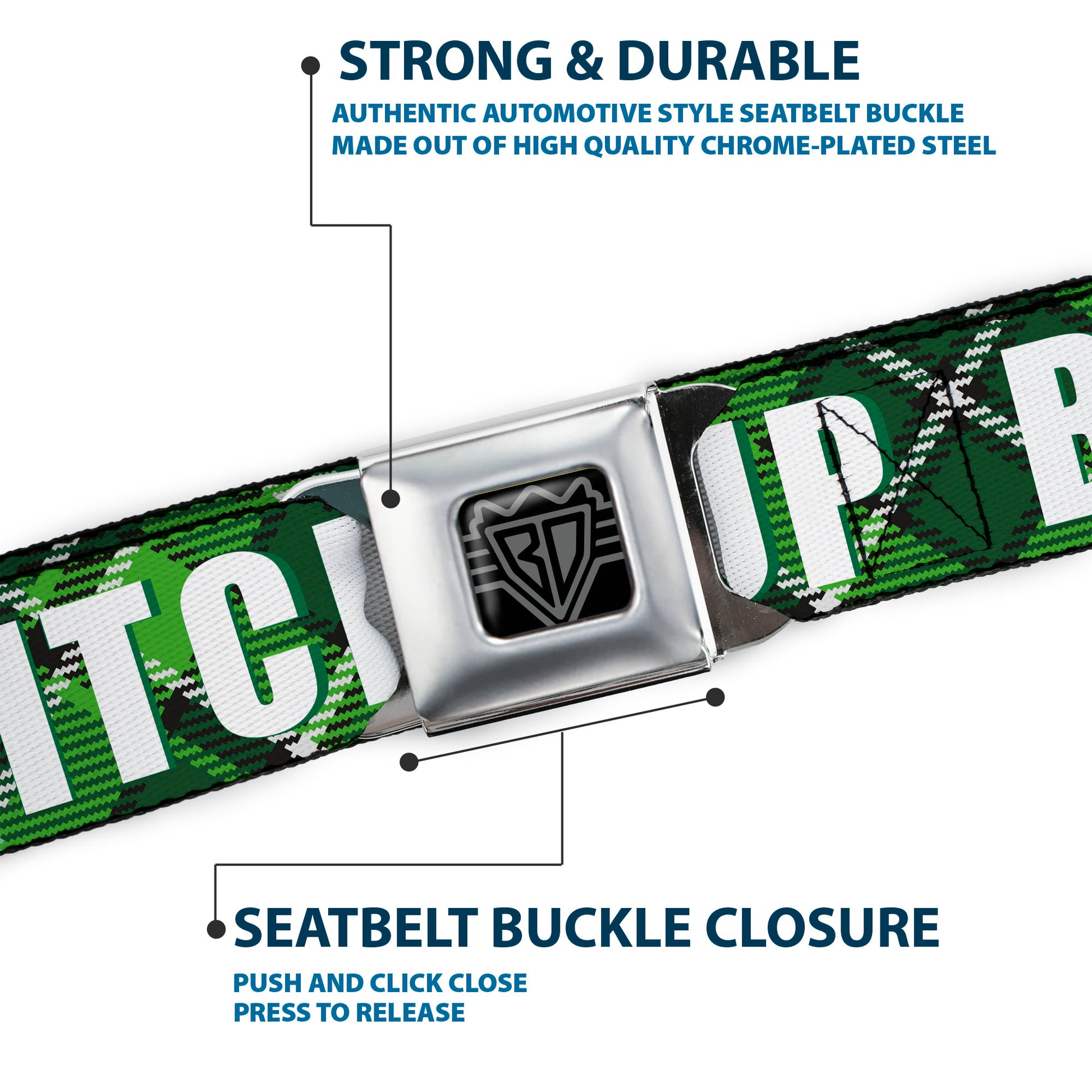BD Wings Logo CLOSE-UP Full Color Black Silver Seatbelt Belt - St. Pat's DRINK UP BITCHES/Beer Mugs/Stacked Shamrocks Greens/White/Gold Webbing Seatbelt Belts Buckle-Down