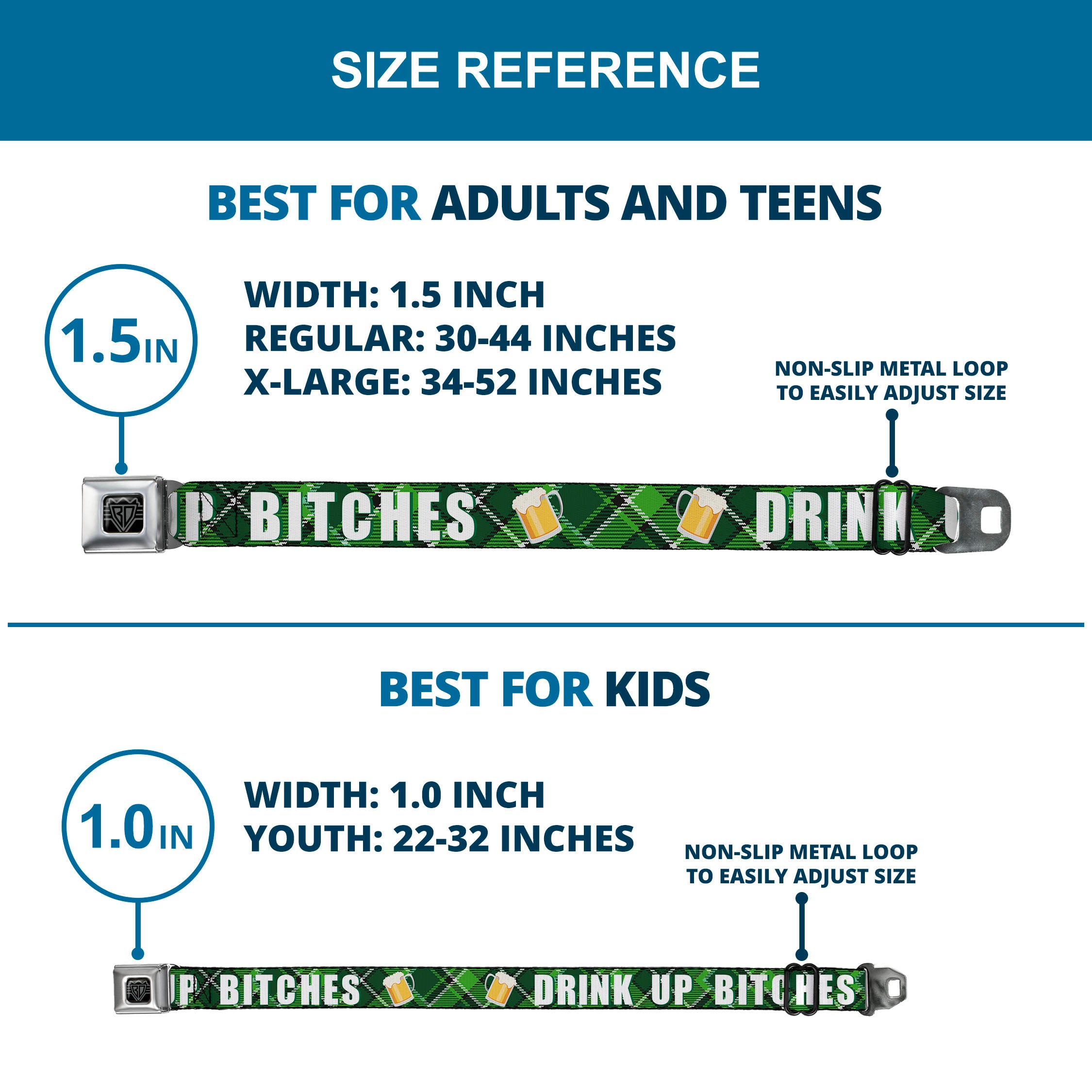 BD Wings Logo CLOSE-UP Full Color Black Silver Seatbelt Belt - St. Pat's DRINK UP BITCHES/Beer Mugs/Stacked Shamrocks Greens/White/Gold Webbing Seatbelt Belts Buckle-Down