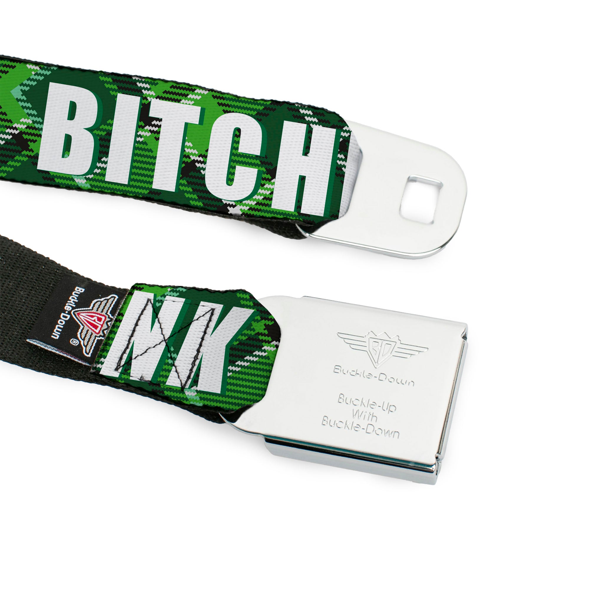 BD Wings Logo CLOSE-UP Full Color Black Silver Seatbelt Belt - St. Pat's DRINK UP BITCHES/Beer Mugs/Stacked Shamrocks Greens/White/Gold Webbing Seatbelt Belts Buckle-Down