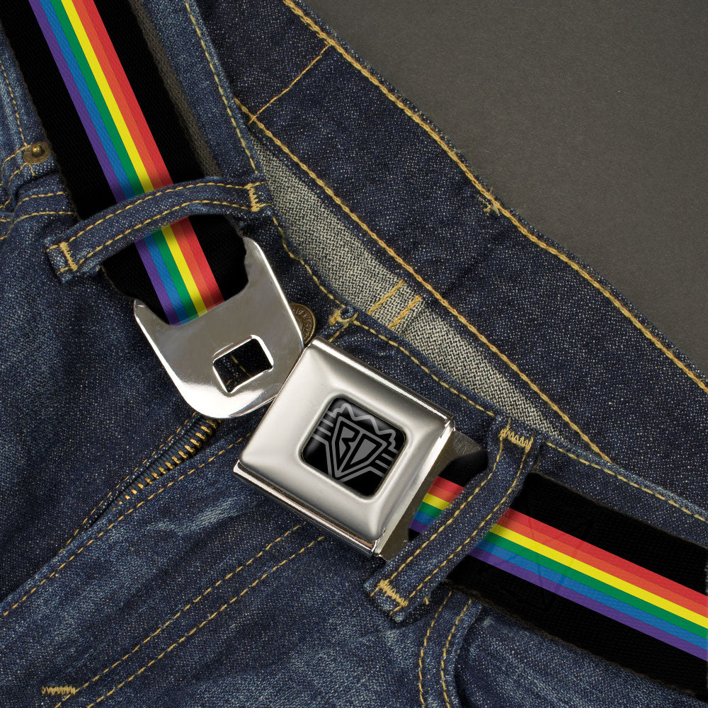 BD Wings Logo CLOSE-UP Black/Silver Seatbelt Belt - Stripe Black/Rainbow Webbing Seatbelt Belts Buckle-Down