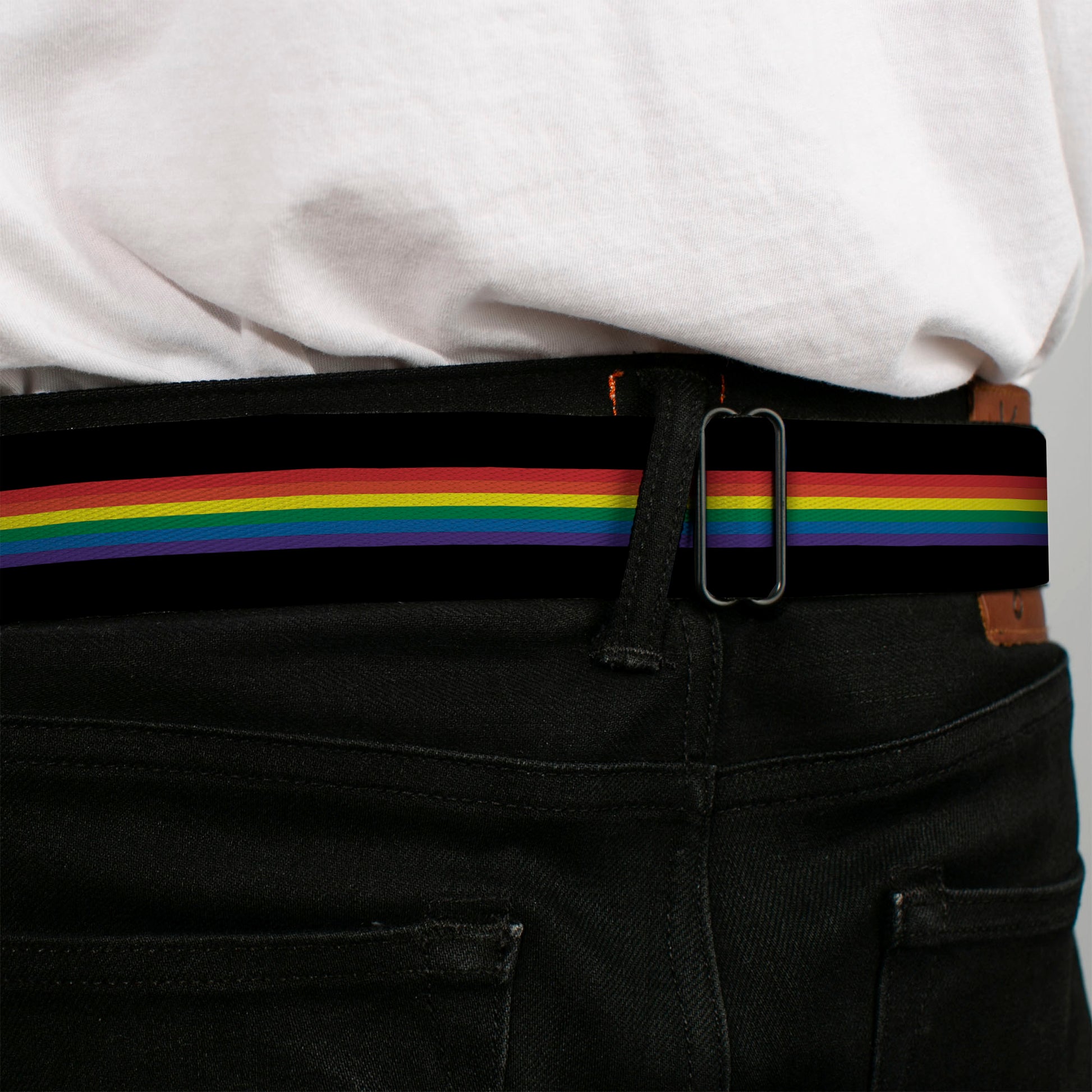 BD Wings Logo CLOSE-UP Black/Silver Seatbelt Belt - Stripe Black/Rainbow Webbing Seatbelt Belts Buckle-Down