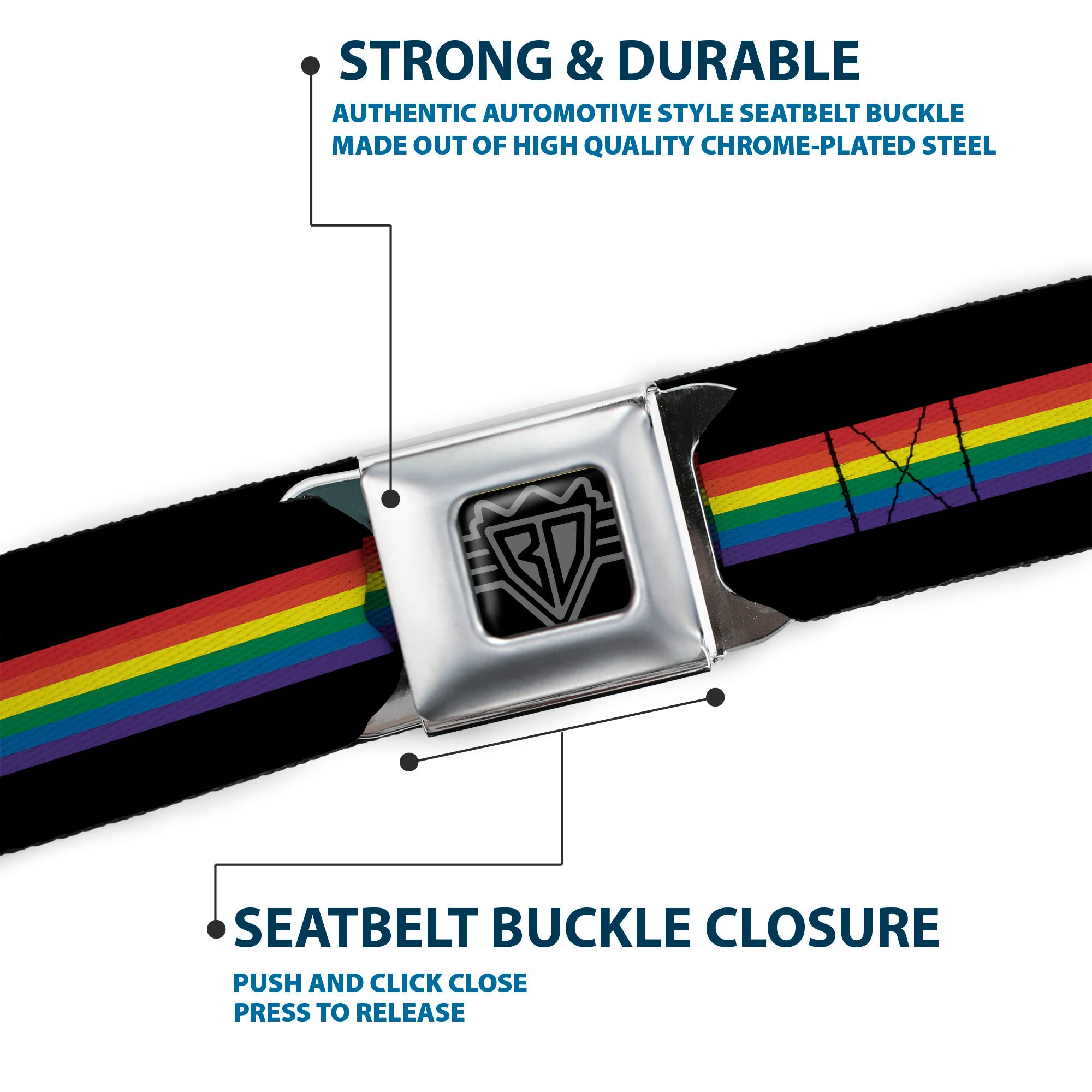 BD Wings Logo CLOSE-UP Black/Silver Seatbelt Belt - Stripe Black/Rainbow Webbing Seatbelt Belts Buckle-Down