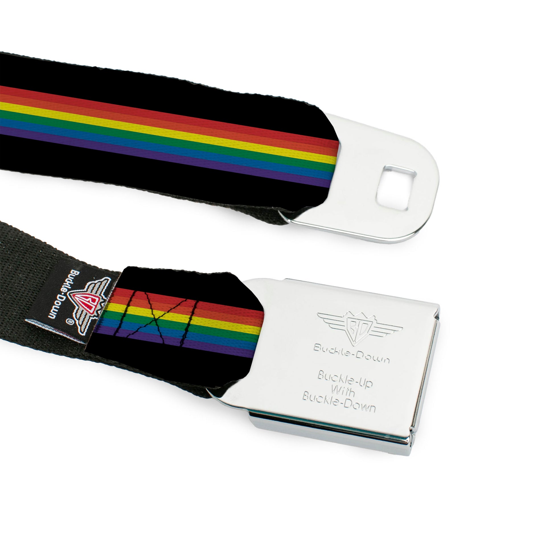 BD Wings Logo CLOSE-UP Black/Silver Seatbelt Belt - Stripe Black/Rainbow Webbing Seatbelt Belts Buckle-Down