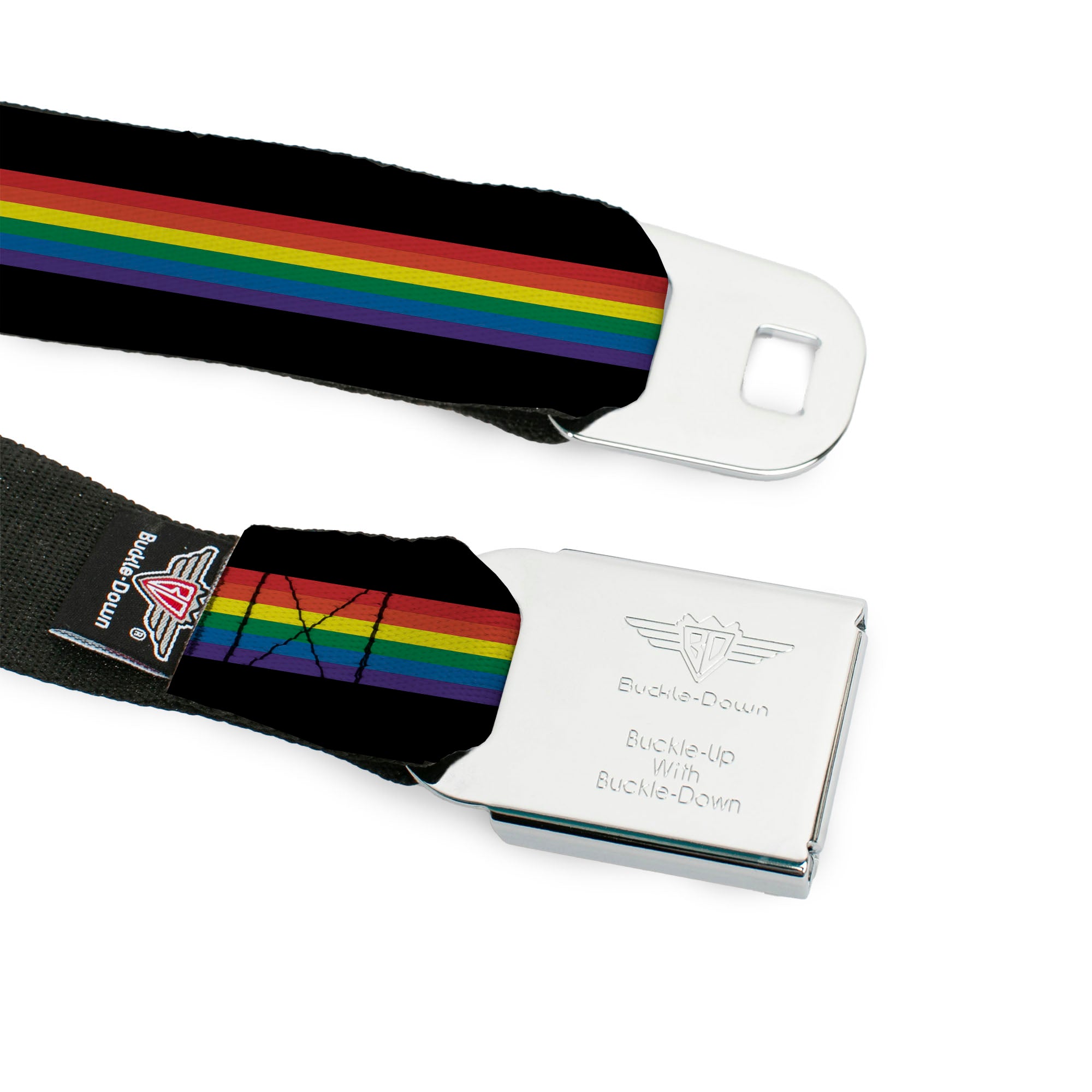 BD Wings Logo CLOSE-UP Black/Silver Seatbelt Belt - Stripe Black/Rainbow Webbing Seatbelt Belts Buckle-Down