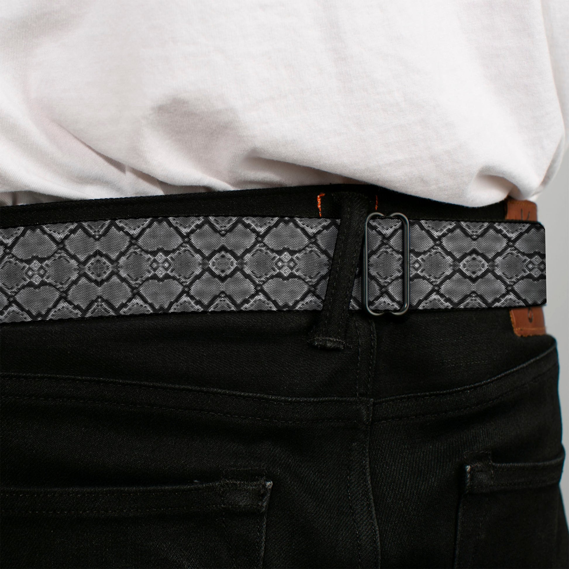 BD Wings Logo CLOSE-UP Black/Silver Seatbelt Belt - Snake Skin 3 Charcoal/Black Webbing Seatbelt Belts Buckle-Down