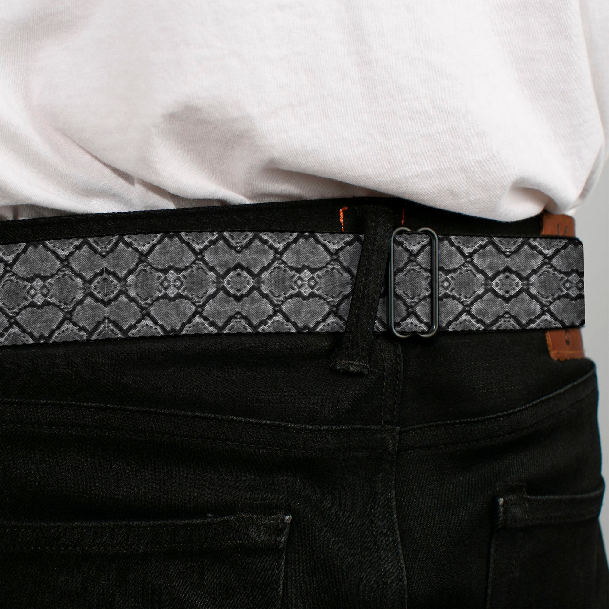 BD Wings Logo CLOSE-UP Black/Silver Seatbelt Belt - Snake Skin 3 Charcoal/Black Webbing Seatbelt Belts Buckle-Down