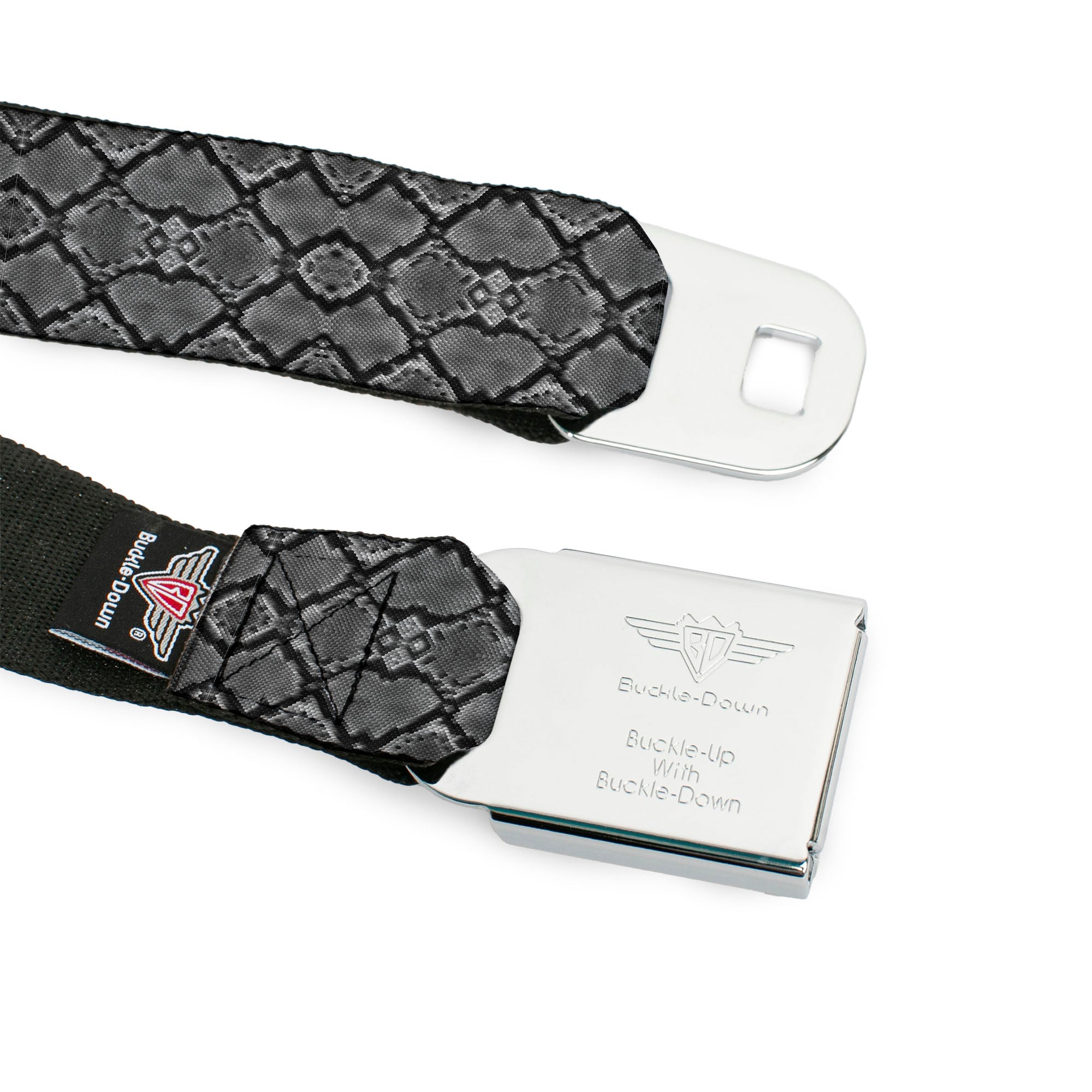 BD Wings Logo CLOSE-UP Black/Silver Seatbelt Belt - Snake Skin 3 Charcoal/Black Webbing Seatbelt Belts Buckle-Down