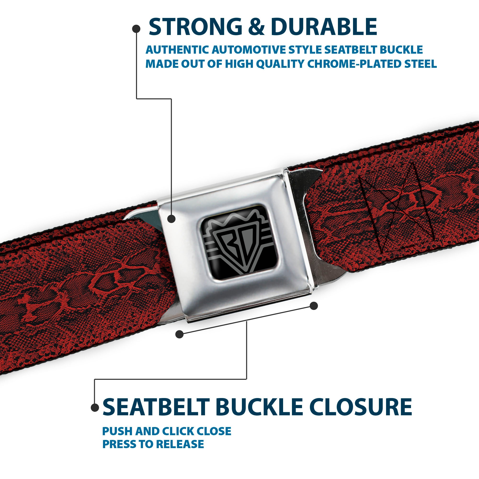 BD Wings Logo CLOSE-UP Black/Silver Seatbelt Belt - Snake Skin 3 Red/Black Webbing Seatbelt Belts Buckle-Down