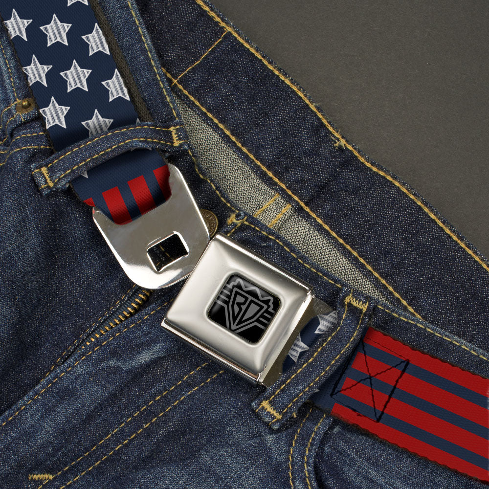 BD Wings Logo CLOSE-UP Black/Silver Seatbelt Belt - Stars & Stripes2 Blue/White/Red Webbing Seatbelt Belts Buckle-Down