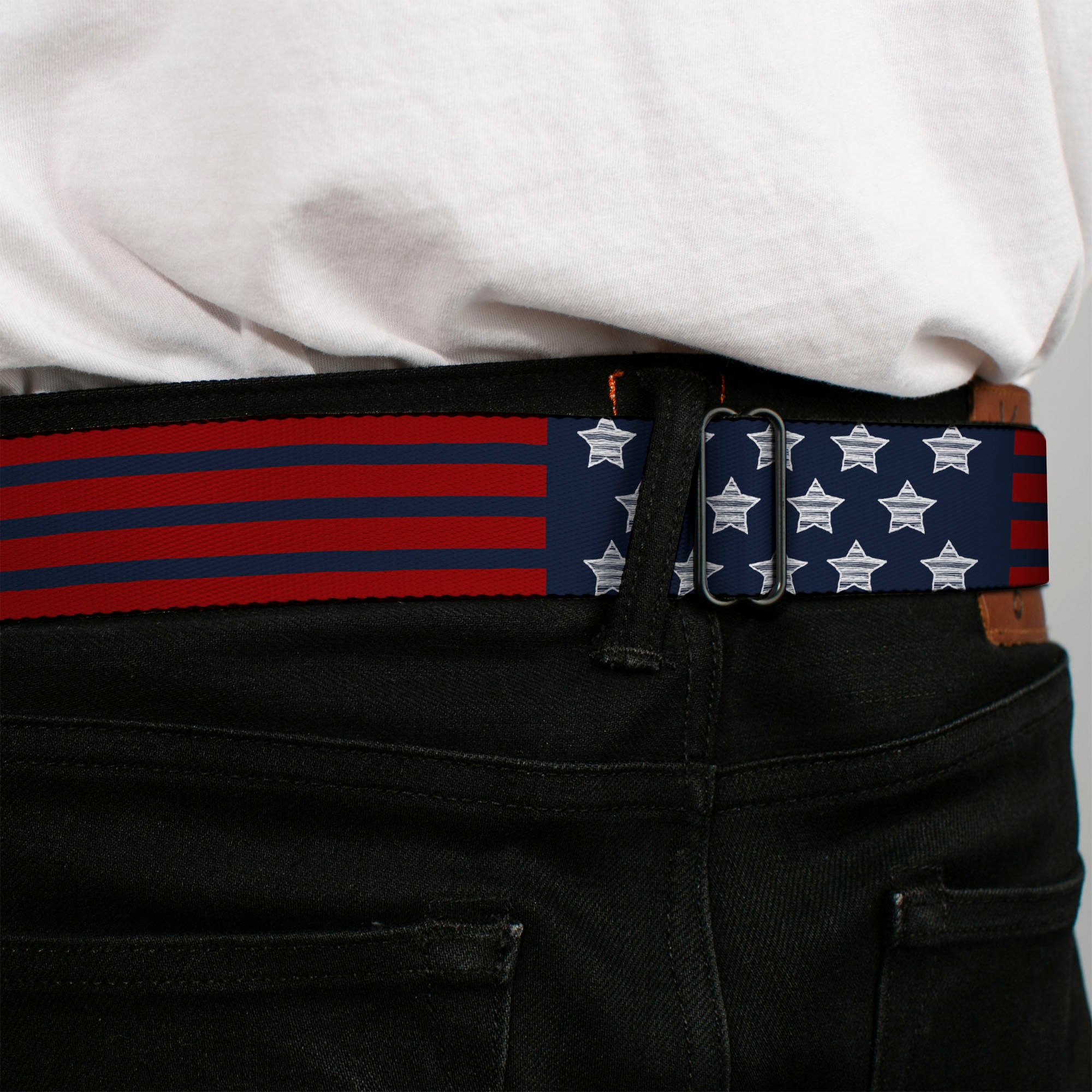 BD Wings Logo CLOSE-UP Black/Silver Seatbelt Belt - Stars & Stripes2 Blue/White/Red Webbing Seatbelt Belts Buckle-Down