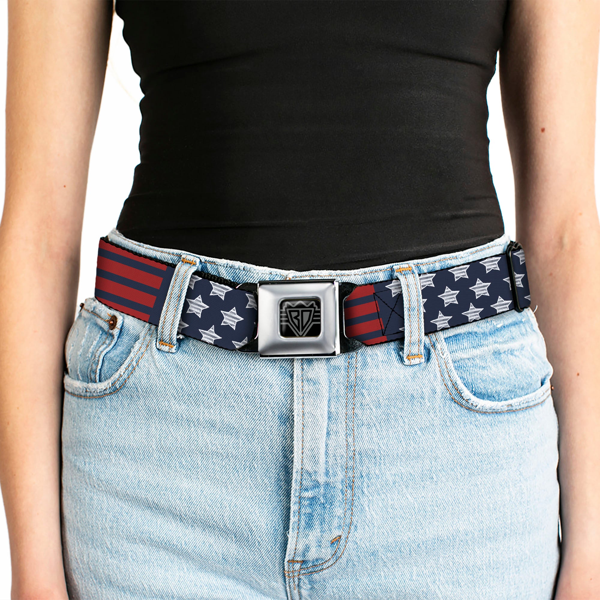BD Wings Logo CLOSE-UP Black/Silver Seatbelt Belt - Stars & Stripes2 Blue/White/Red Webbing Seatbelt Belts Buckle-Down