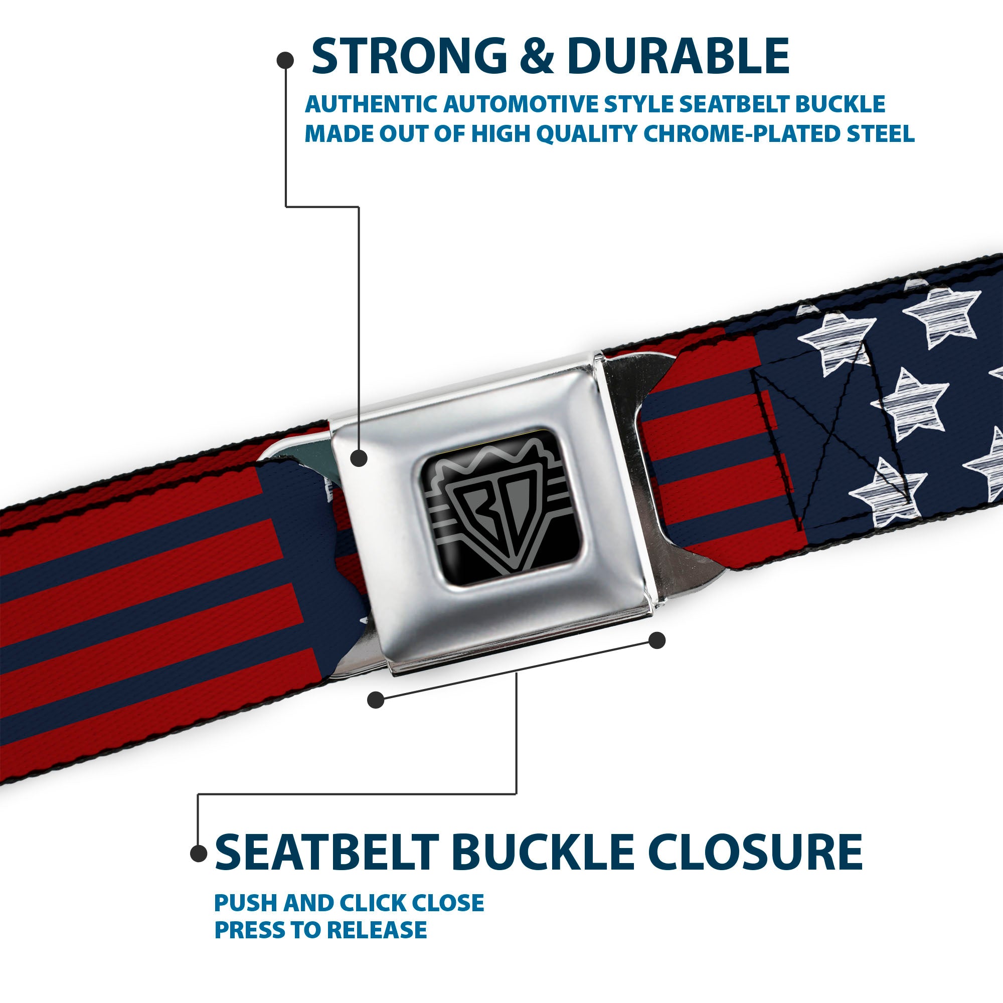 BD Wings Logo CLOSE-UP Black/Silver Seatbelt Belt - Stars & Stripes2 Blue/White/Red Webbing Seatbelt Belts Buckle-Down