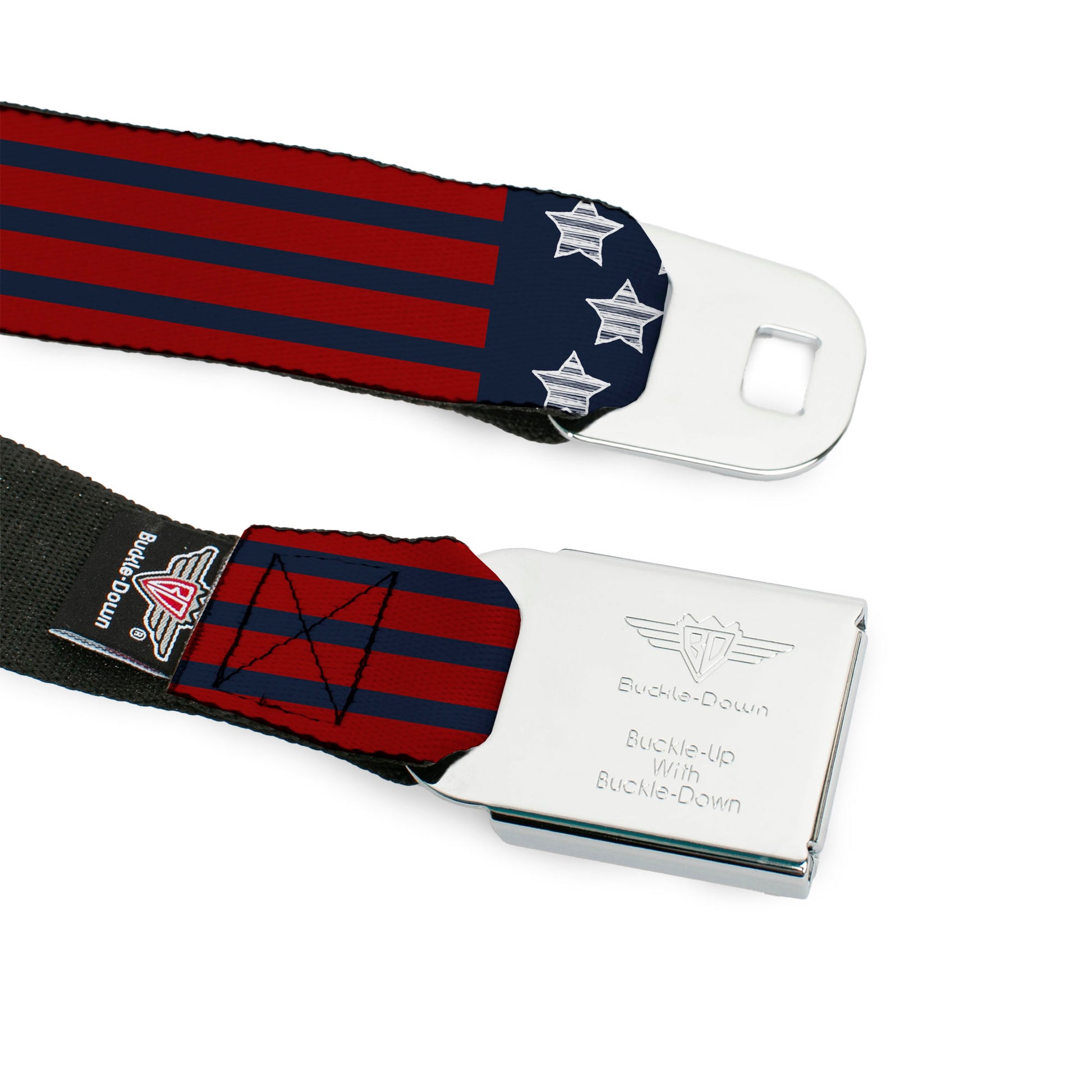 BD Wings Logo CLOSE-UP Black/Silver Seatbelt Belt - Stars & Stripes2 Blue/White/Red Webbing Seatbelt Belts Buckle-Down
