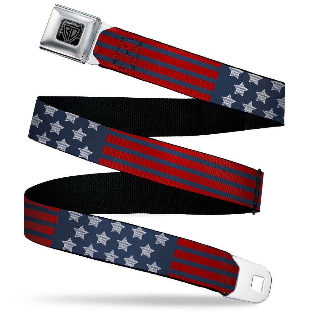 BD Wings Logo CLOSE-UP Black/Silver Seatbelt Belt - Stars & Stripes2 Blue/White/Red Webbing Seatbelt Belts Buckle-Down