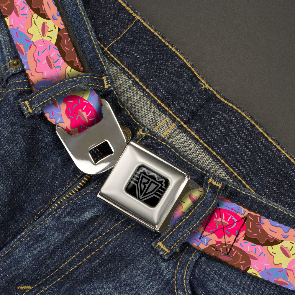 BD Wings Logo CLOSE-UP Black/Silver Seatbelt Belt - Sprinkle Donuts Stacked Multi Color Webbing Seatbelt Belts Buckle-Down