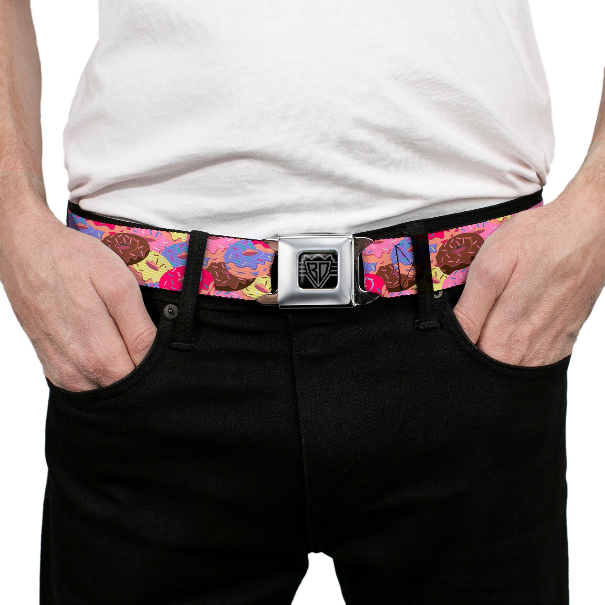 BD Wings Logo CLOSE-UP Black/Silver Seatbelt Belt - Sprinkle Donuts Stacked Multi Color Webbing Seatbelt Belts Buckle-Down