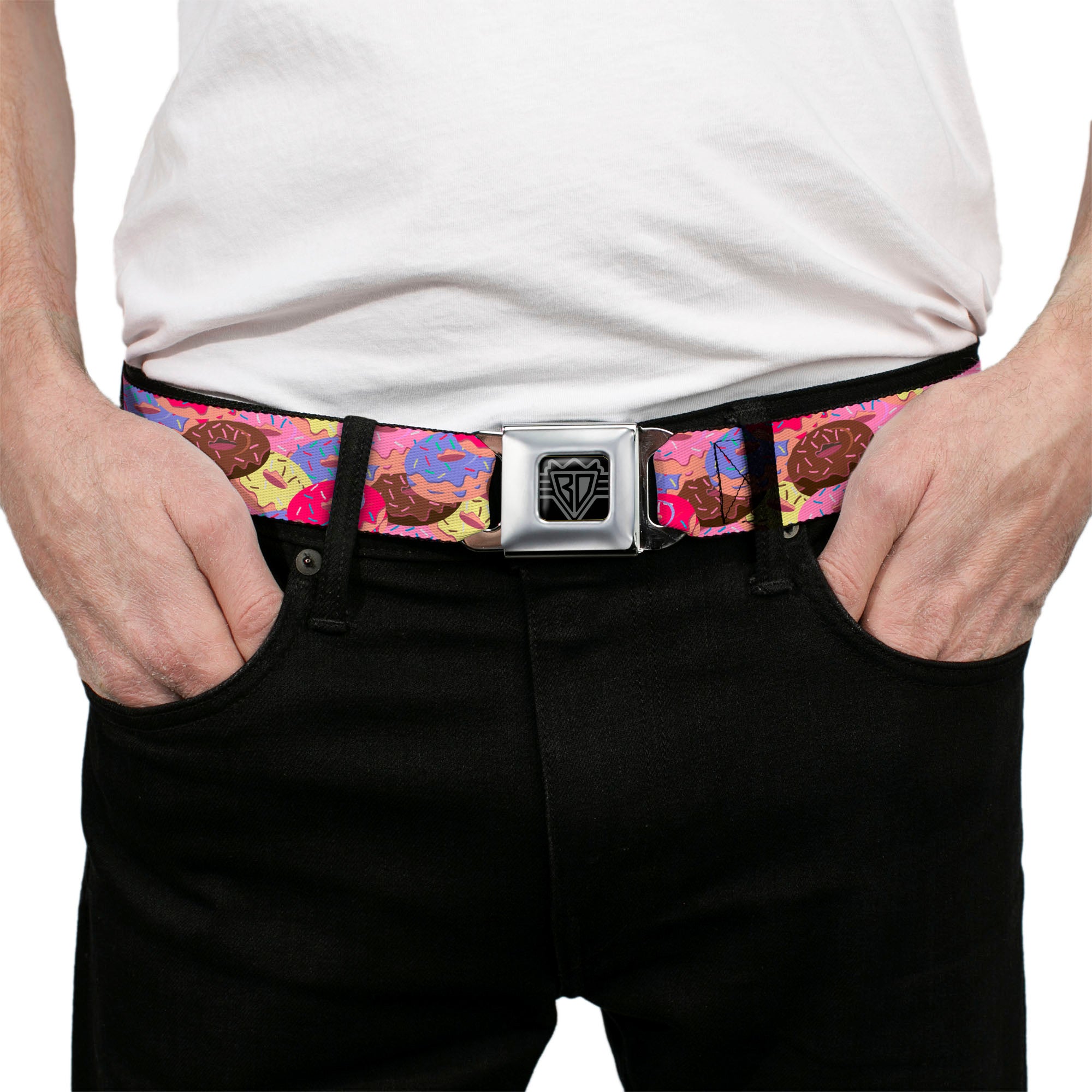 BD Wings Logo CLOSE-UP Black/Silver Seatbelt Belt - Sprinkle Donuts Stacked Multi Color Webbing Seatbelt Belts Buckle-Down