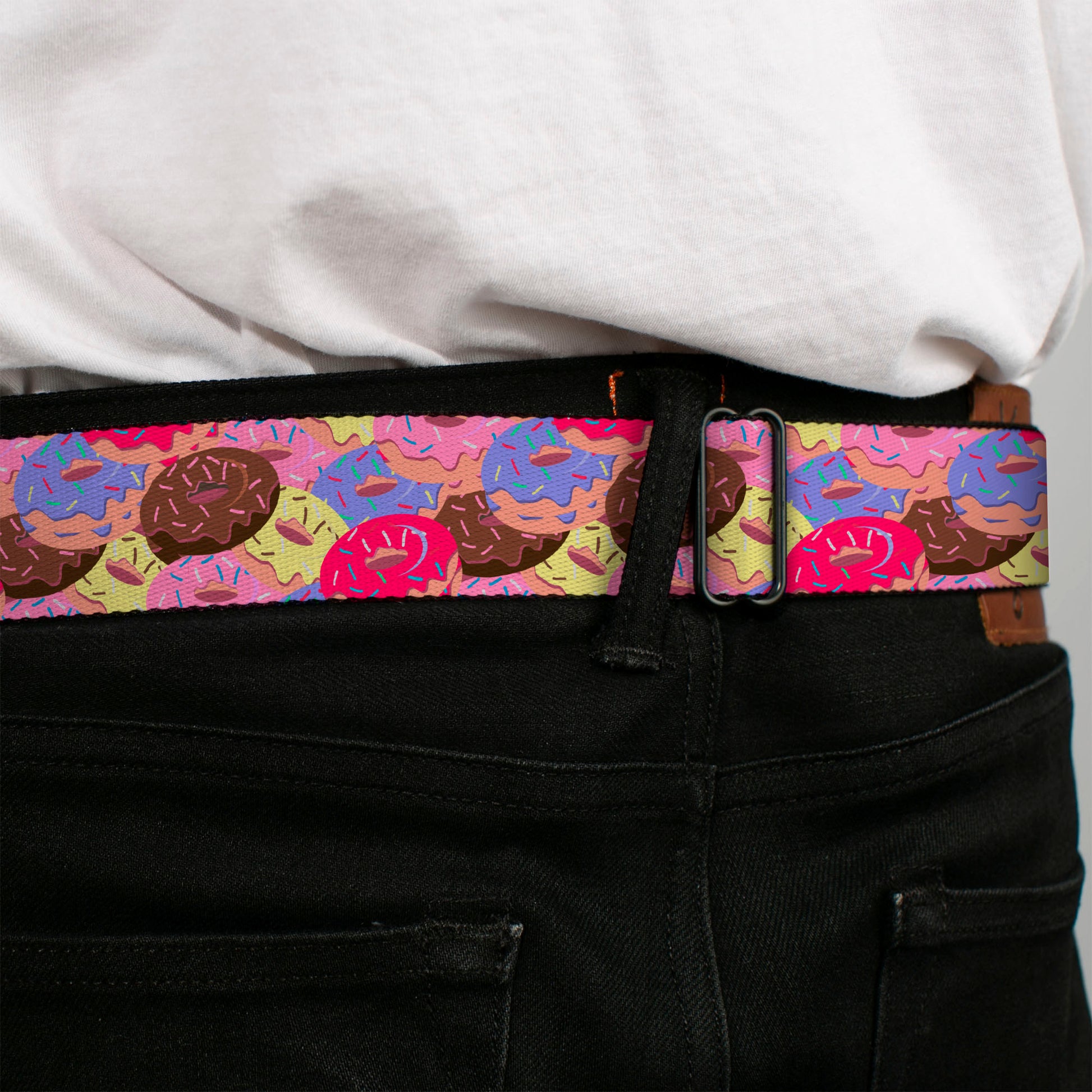 BD Wings Logo CLOSE-UP Black/Silver Seatbelt Belt - Sprinkle Donuts Stacked Multi Color Webbing Seatbelt Belts Buckle-Down