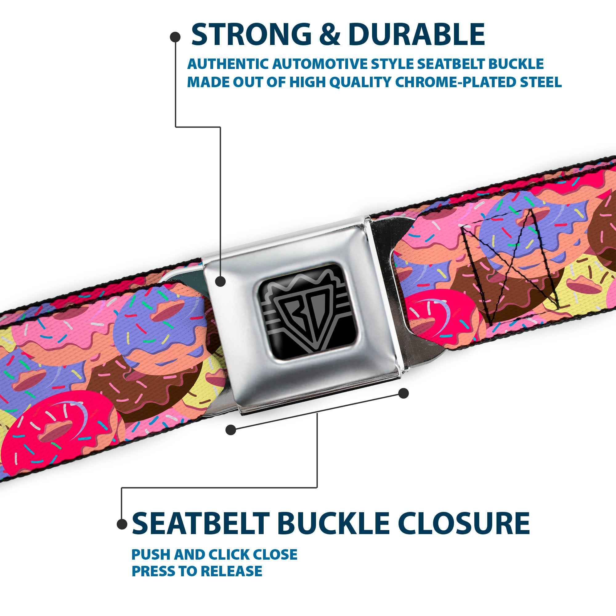 BD Wings Logo CLOSE-UP Black/Silver Seatbelt Belt - Sprinkle Donuts Stacked Multi Color Webbing Seatbelt Belts Buckle-Down