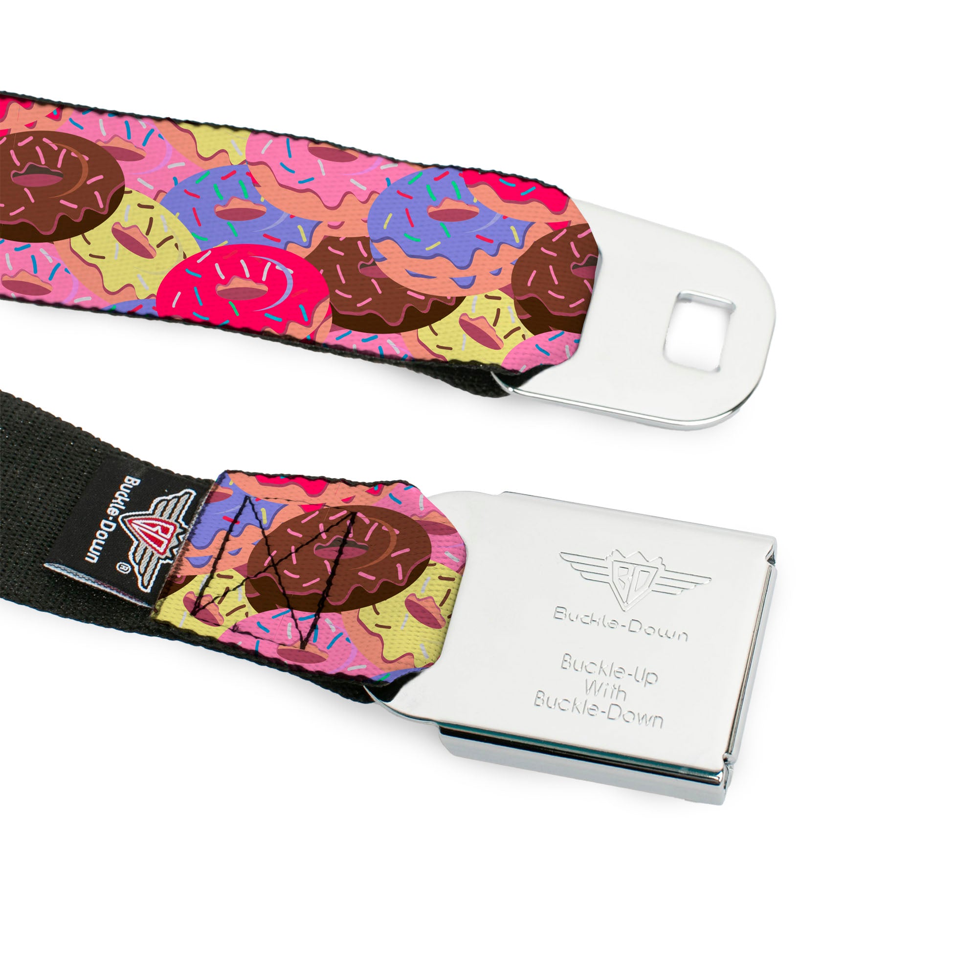 BD Wings Logo CLOSE-UP Black/Silver Seatbelt Belt - Sprinkle Donuts Stacked Multi Color Webbing Seatbelt Belts Buckle-Down