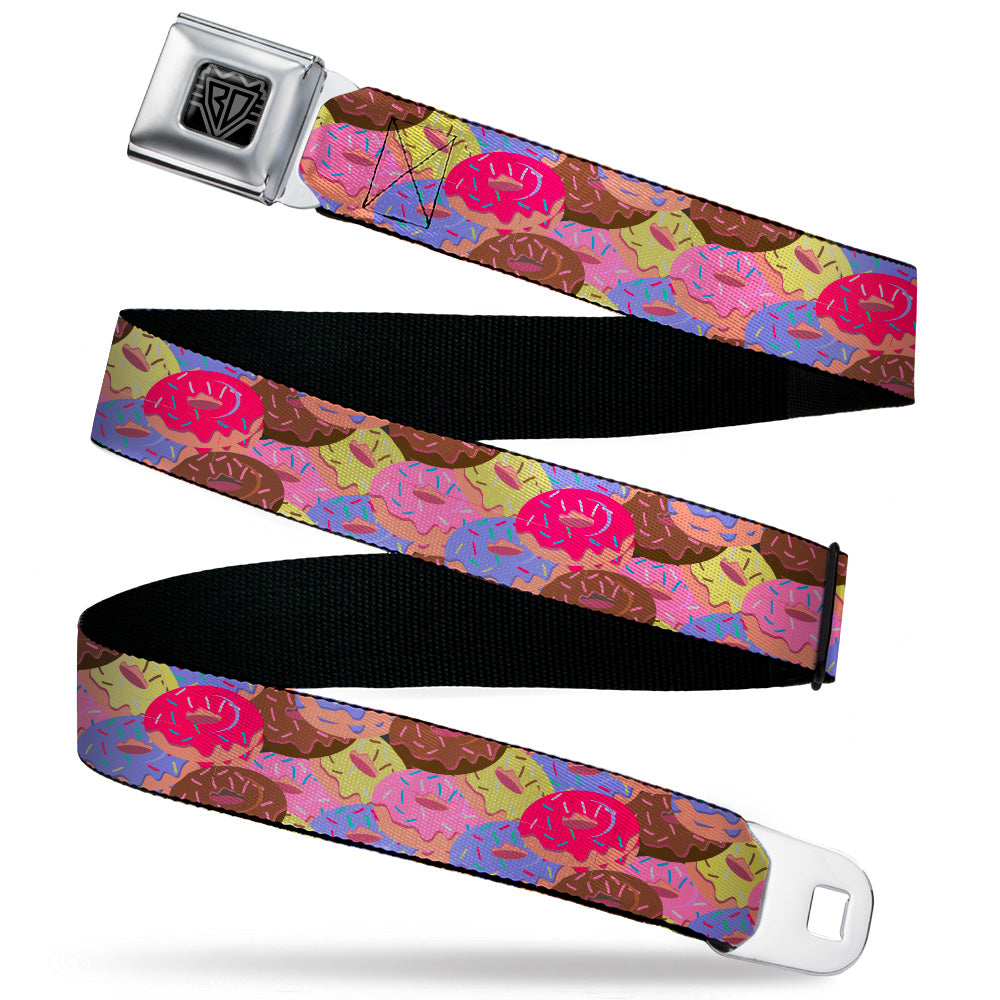 BD Wings Logo CLOSE-UP Black/Silver Seatbelt Belt - Sprinkle Donuts Stacked Multi Color Webbing Seatbelt Belts Buckle-Down