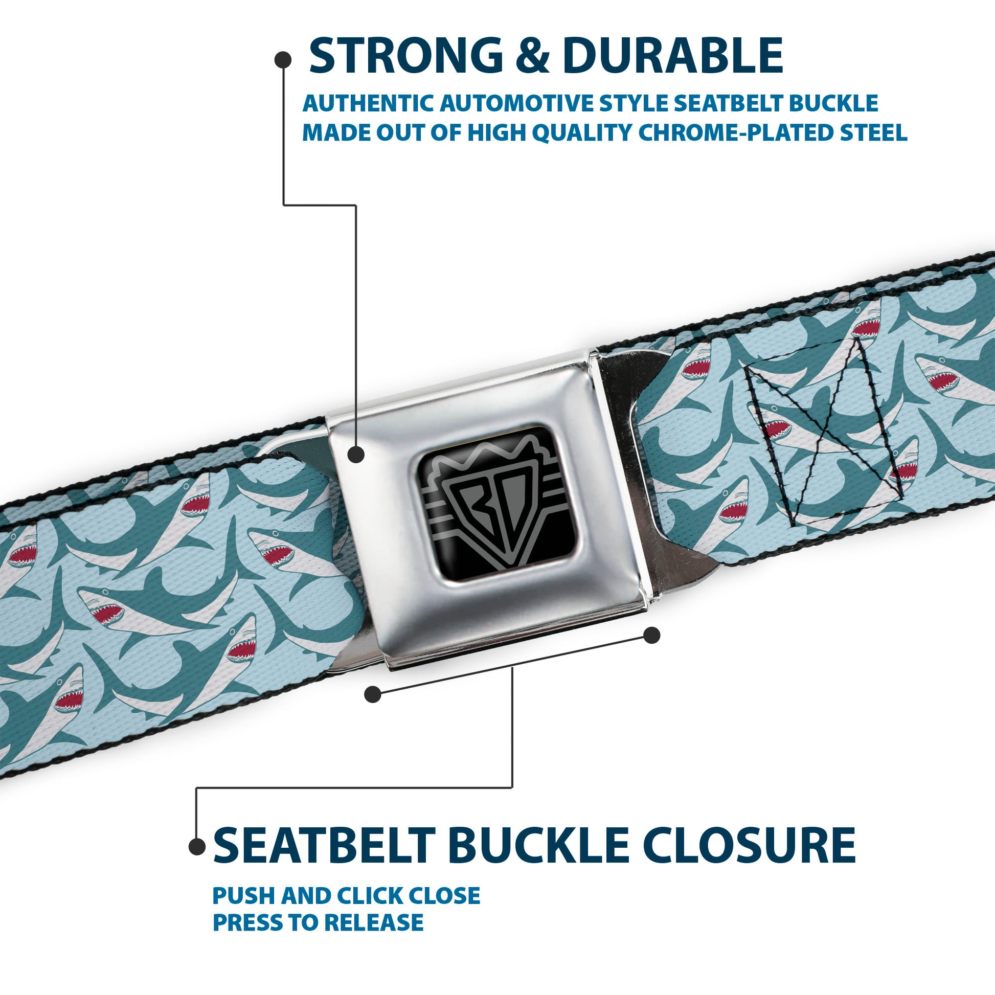 BD Wings Logo CLOSE-UP Full Color Black Silver Seatbelt Belt - Shark 3-Rows Light Blue Webbing Seatbelt Belts Buckle-Down