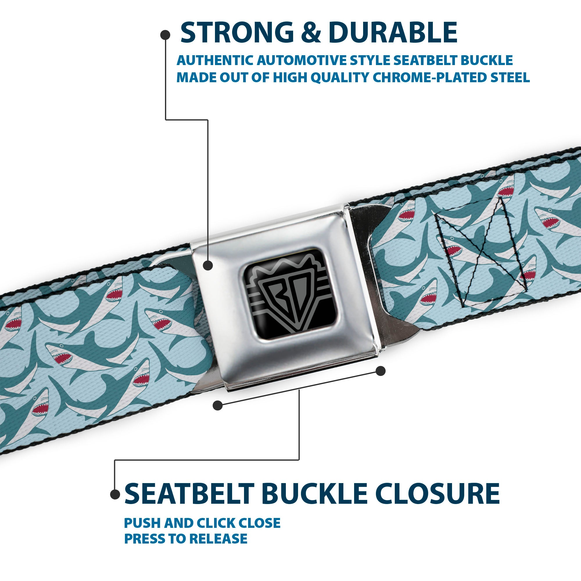 BD Wings Logo CLOSE-UP Full Color Black Silver Seatbelt Belt - Shark 3-Rows Light Blue Webbing Seatbelt Belts Buckle-Down